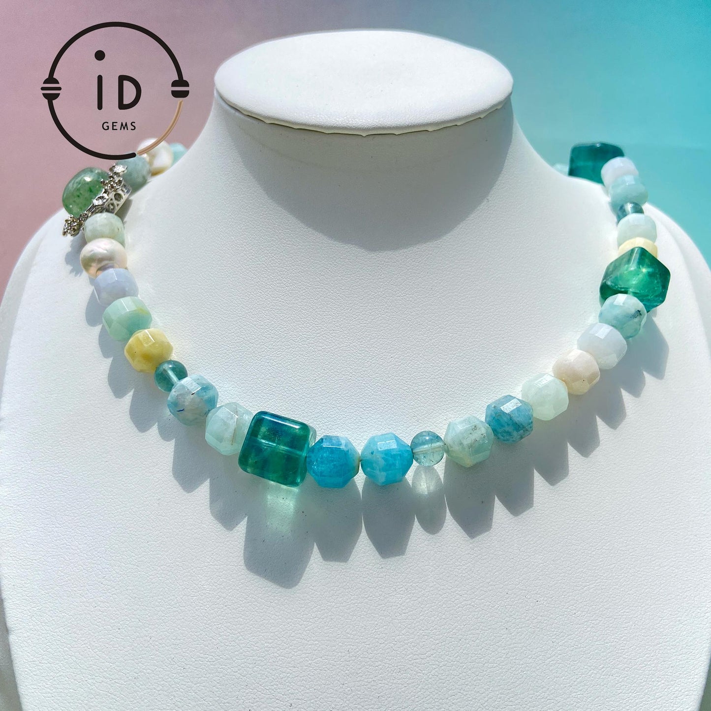 Summer Gemstone Necklace with Aquamarine, Morganite & Green Phantom Quartz | Handmade Beaded Jewelry Gift for Women