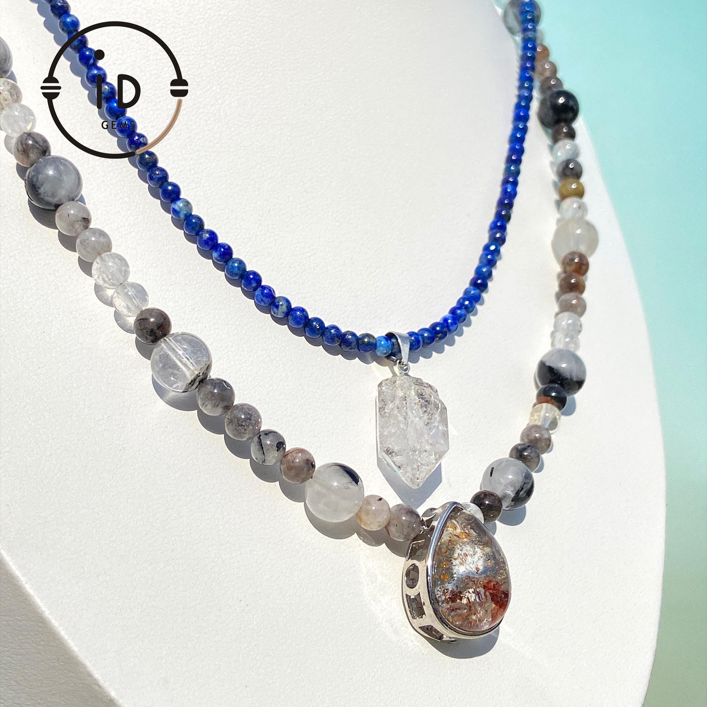 Handmade Double Gemstone Necklace with Lapis Lazuli, Phantom Quartz & Natural Crystal|Layered Beaded Necklace Gift|Spiritual Healing Jewelry