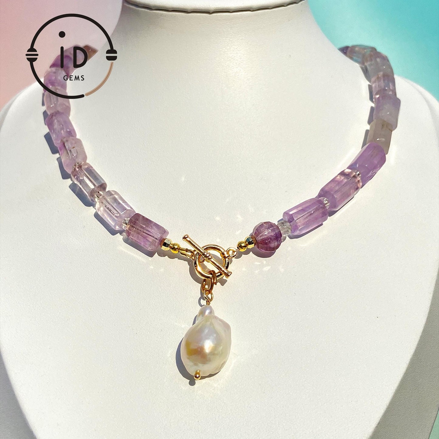 Lavender Amethyst Cube Bead Necklace with Baroque Pearl Pendant|Handmade Purple Gemstone Jewelry|Unique Gift for Women
