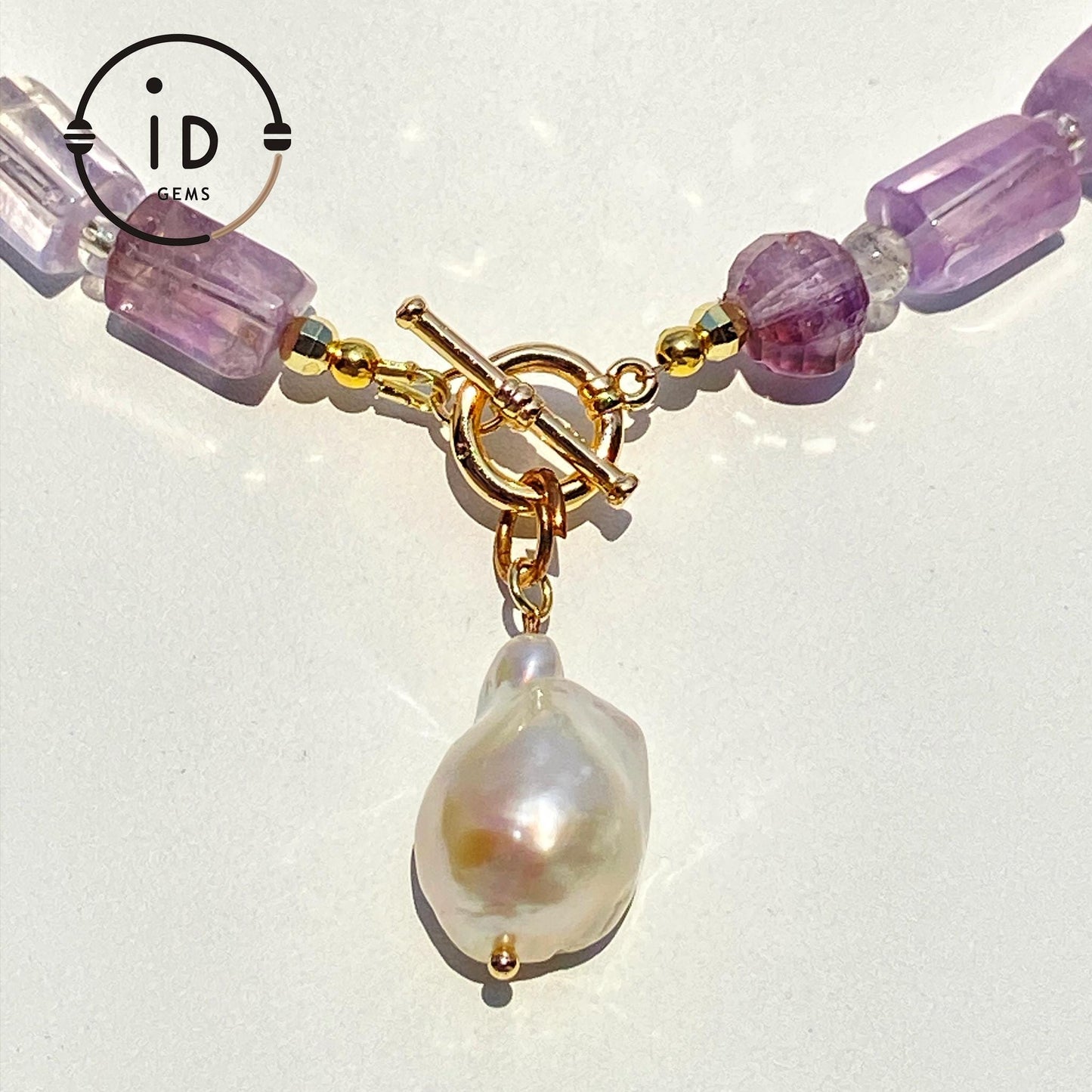 Lavender Amethyst Cube Bead Necklace with Baroque Pearl Pendant|Handmade Purple Gemstone Jewelry|Unique Gift for Women