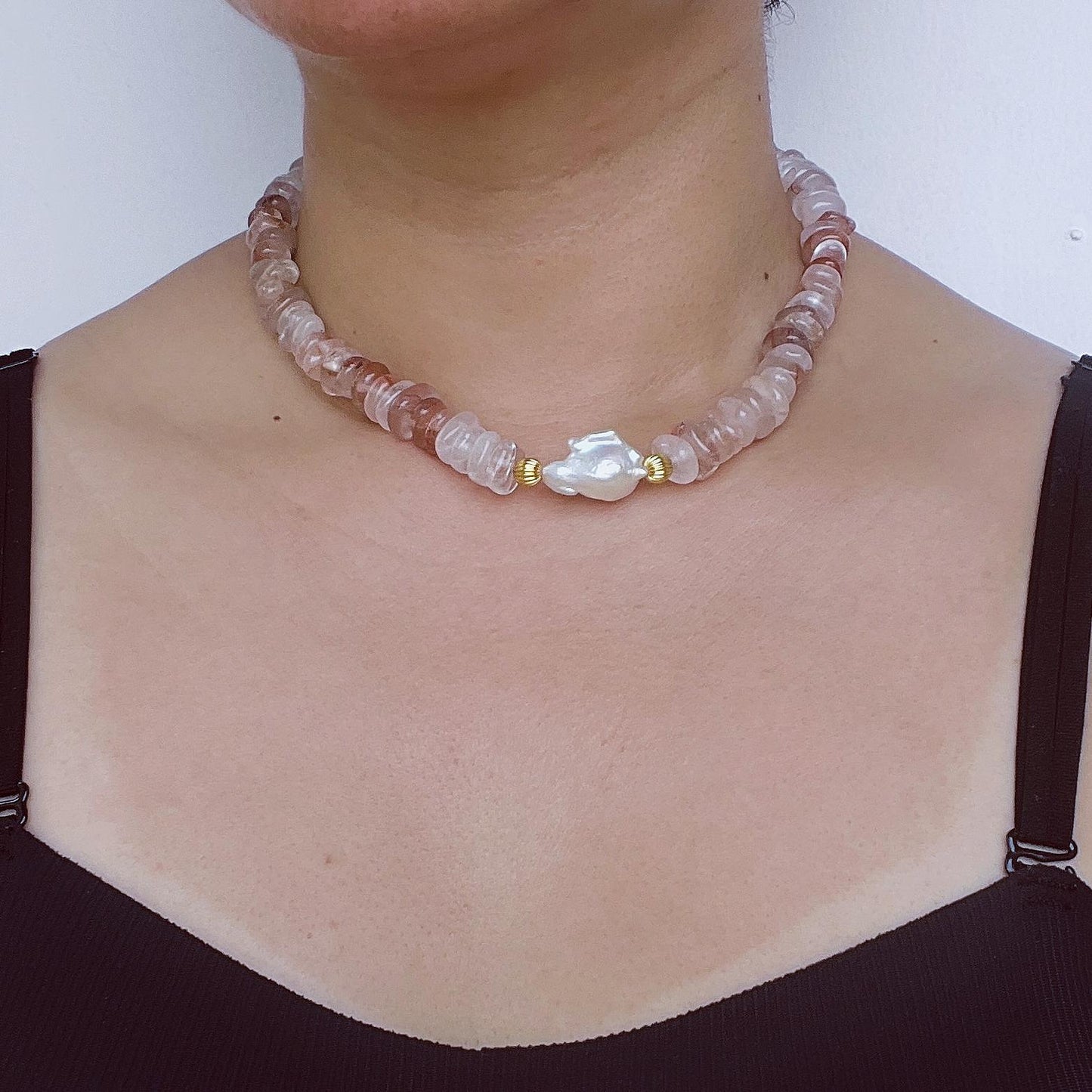 Irregular Strawberry Quartz & Baroque Pearl Necklace|Healing Gemstone Jewelry|Handmade Gift for Her|Romantic Boho Style