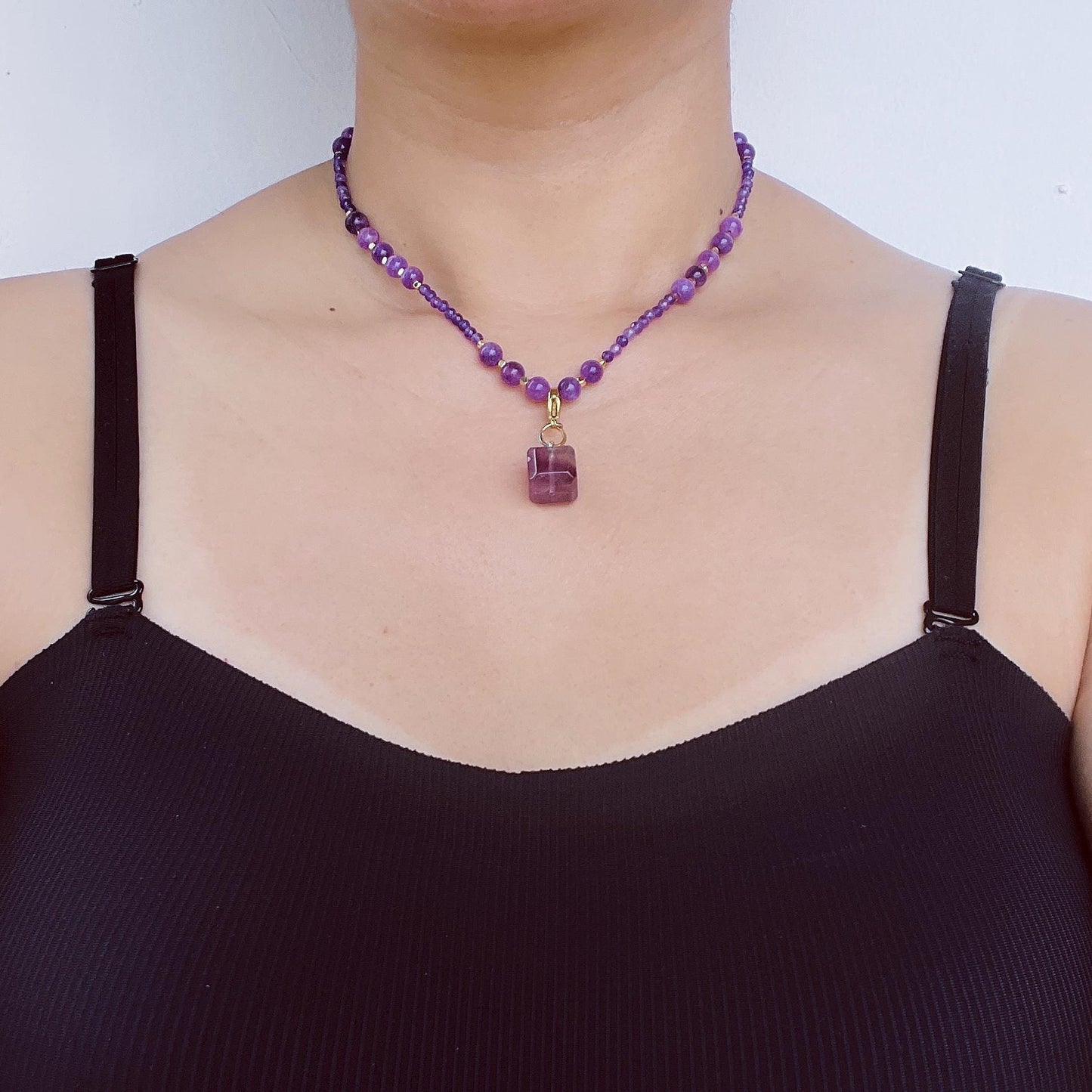 Short Amethyst Beaded Necklace with Purple Fluorite Pendant|Handmade Spiritual Jewelry|Meditation Gift for Women