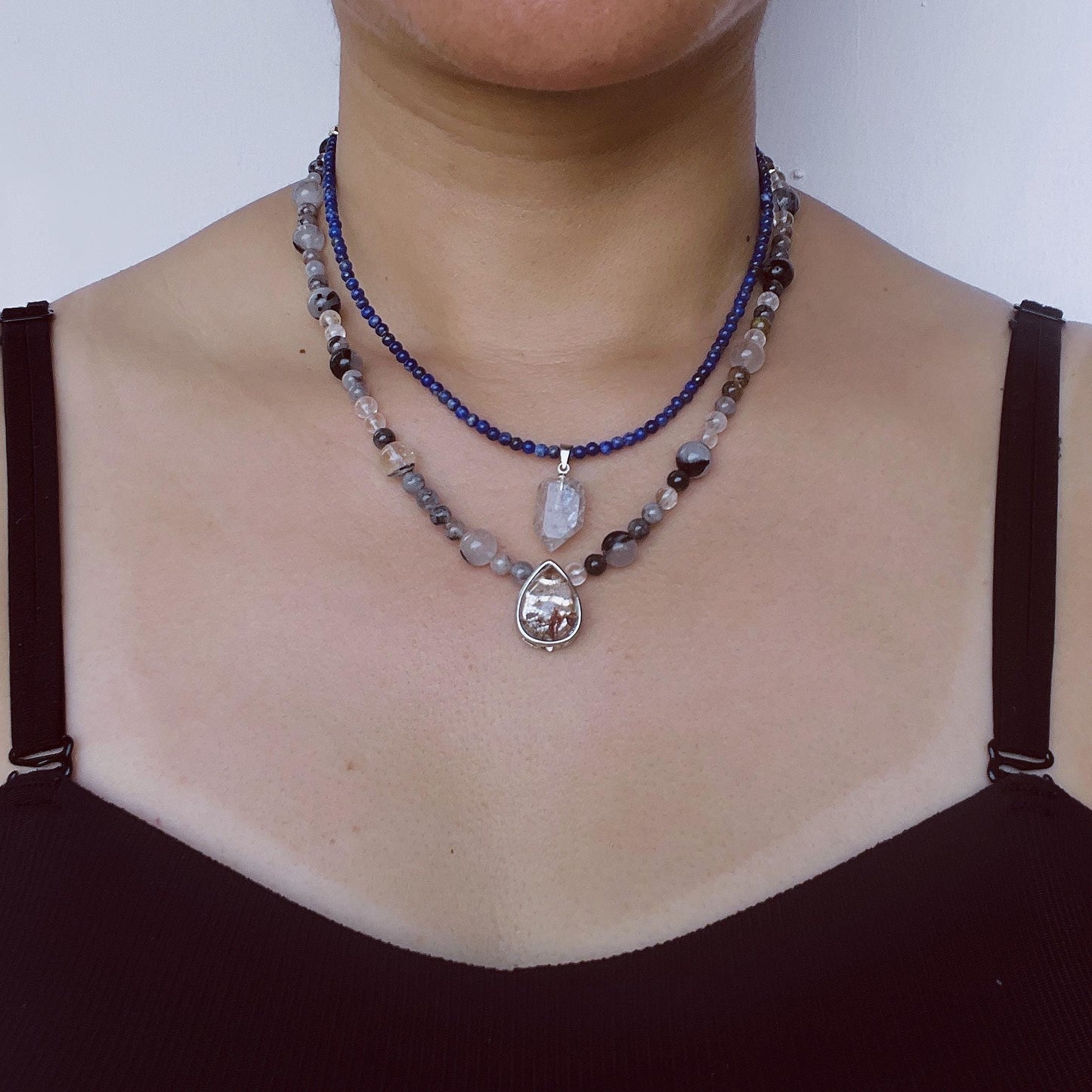 Handmade Double Gemstone Necklace with Lapis Lazuli, Phantom Quartz & Natural Crystal|Layered Beaded Necklace Gift|Spiritual Healing Jewelry