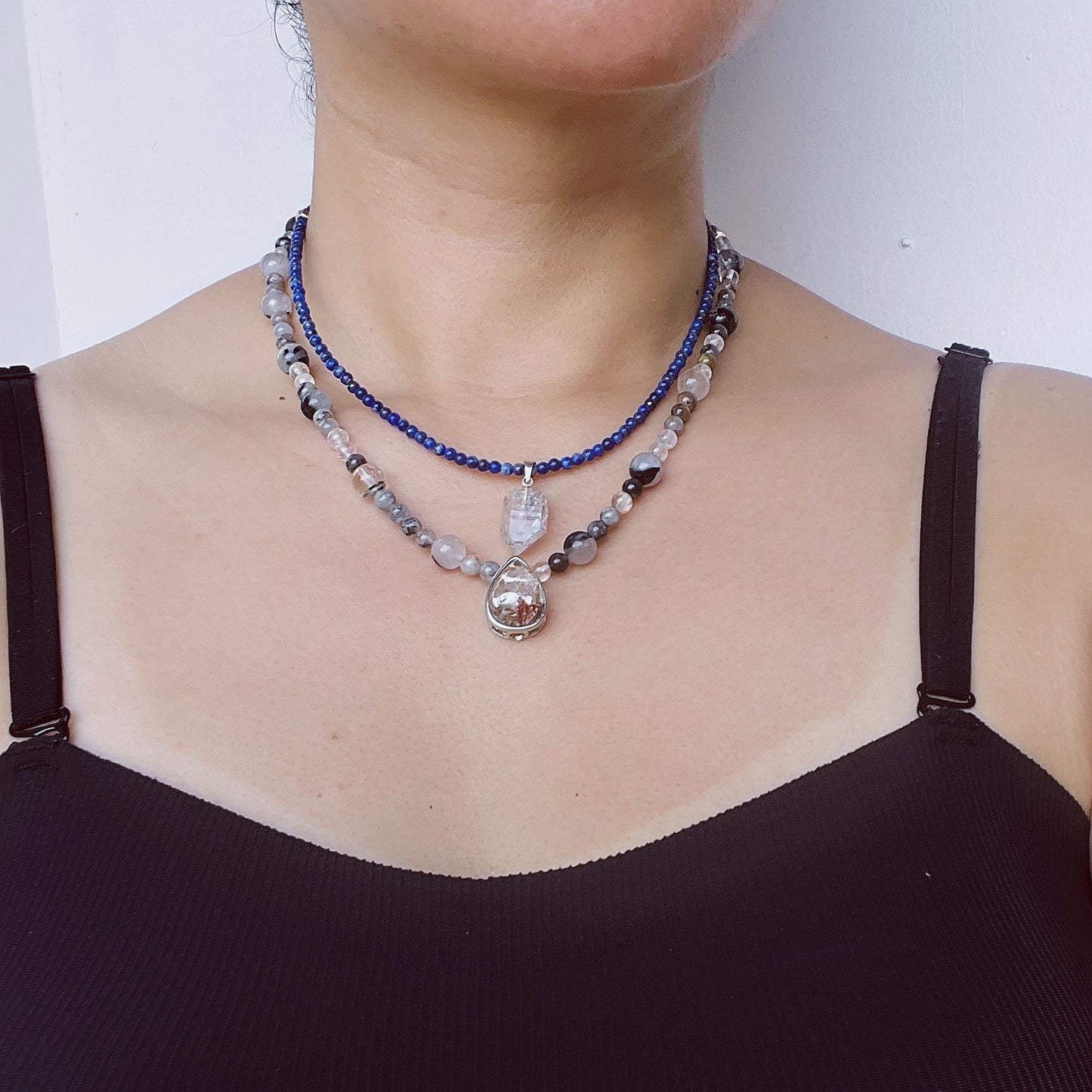 Handmade Double Gemstone Necklace with Lapis Lazuli, Phantom Quartz & Natural Crystal|Layered Beaded Necklace Gift|Spiritual Healing Jewelry