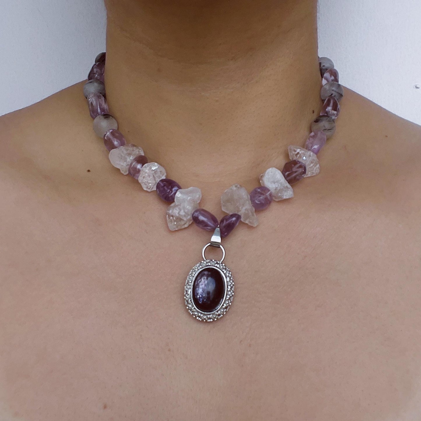 Chunky Amethyst & Clear Quartz Necklace with Moonstone Pendant|Handmade Vintage-Style Statement Jewelry for Women