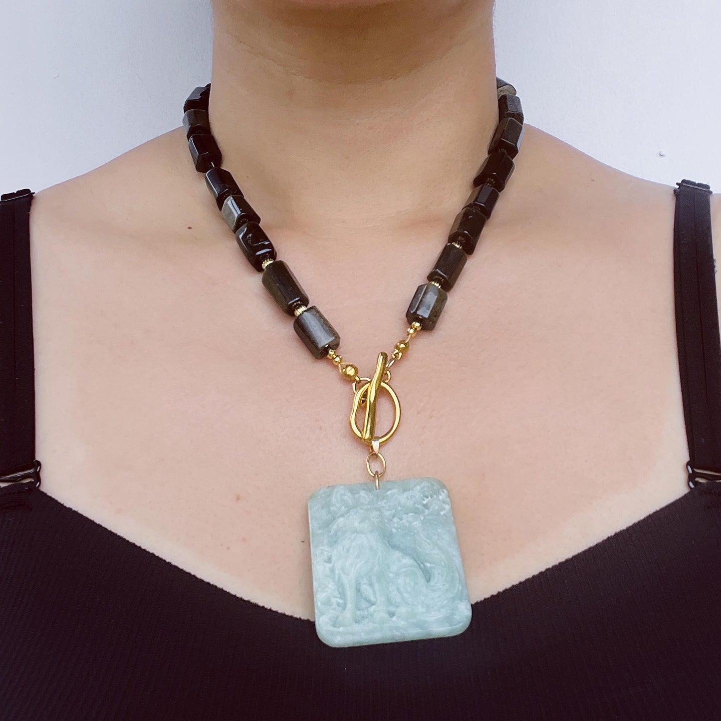 Gold Obsidian Fox Necklace|Hand-Carved Jade Pendant|Spiritual Healing Amulet|Protective Talisman Jewelry Gift for Women