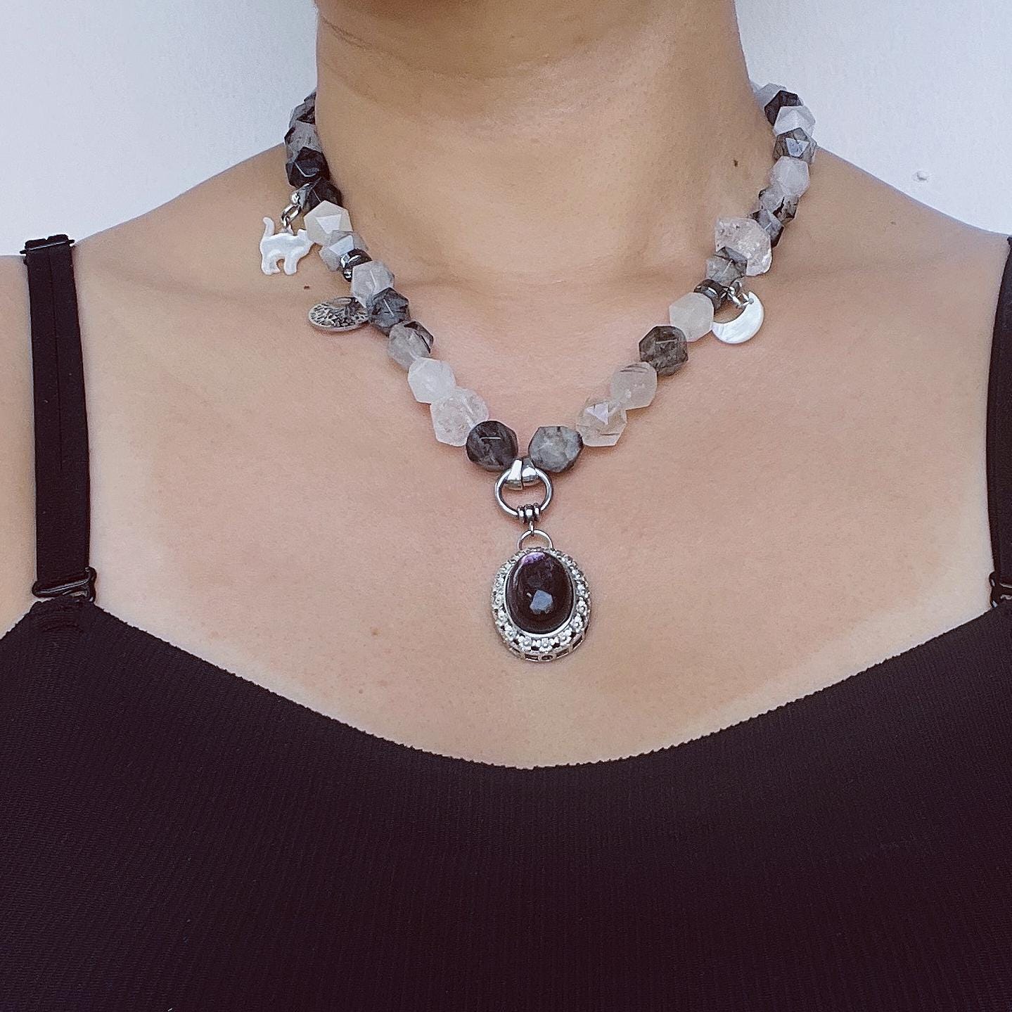 Raw Crystal Pendant Necklace|Boho Energy Jewelry|Clear Quartz, Tourmalinated Quartz & Fluorite|Handmade Spiritual Healing Necklace