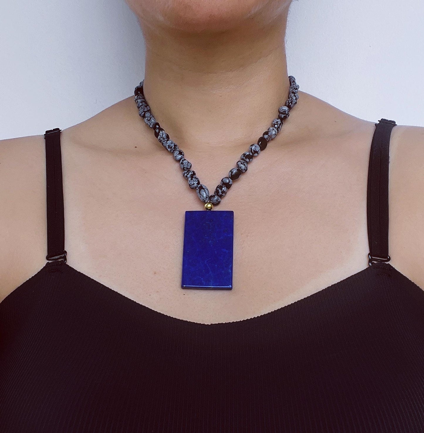 Vintage Boho Necklace with Lapis Lazuli Pendant|Black & White Agate Beads|Handmade Artistic Jewelry|Unique Gift for Women
