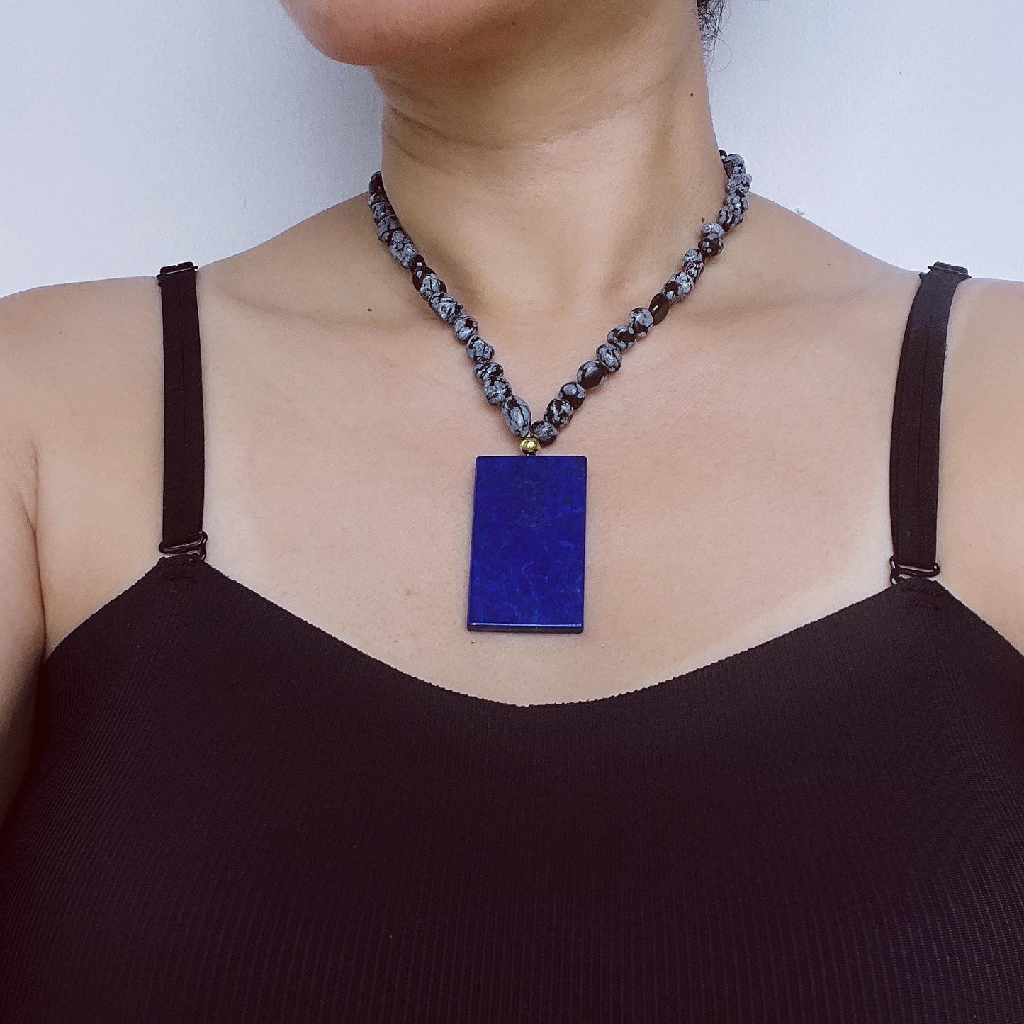 Vintage Boho Necklace with Lapis Lazuli Pendant|Black & White Agate Beads|Handmade Artistic Jewelry|Unique Gift for Women