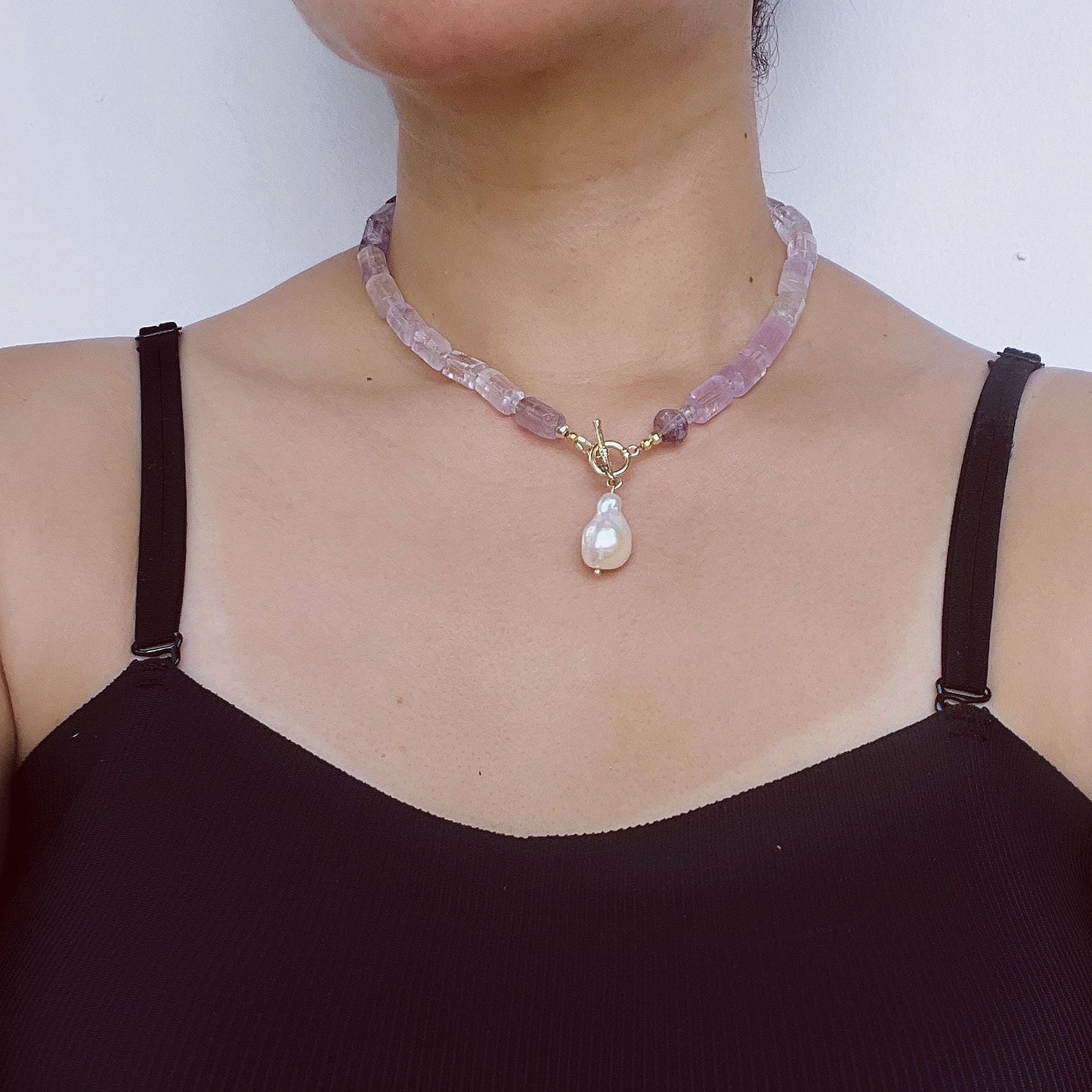 Lavender Amethyst Cube Bead Necklace with Baroque Pearl Pendant|Handmade Purple Gemstone Jewelry|Unique Gift for Women