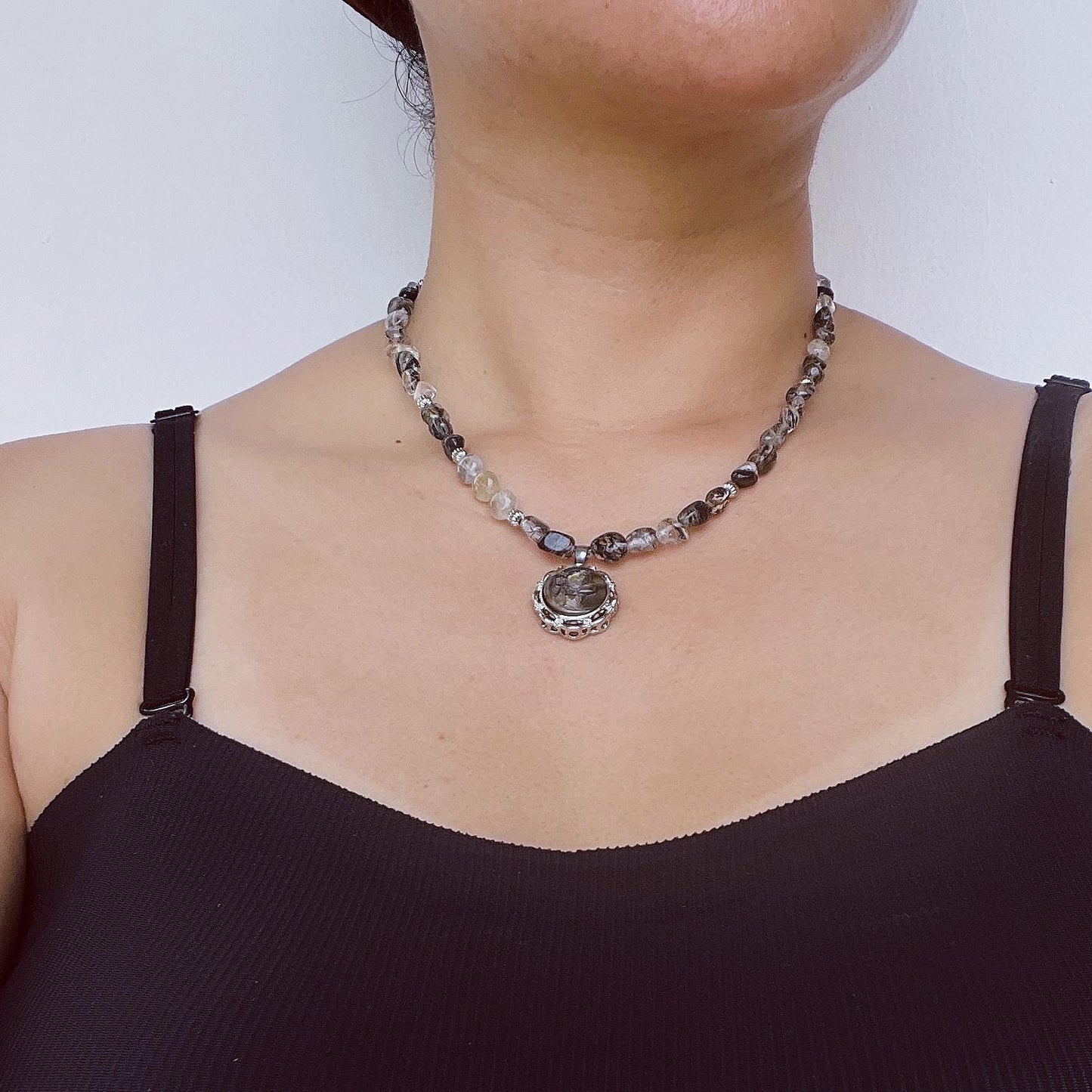 Handmade Cameo Necklace with Girl Pendant|Black Rutilated Quartz Beads|Natural Shell Cameo|Unique Personalized Jewelry Gift