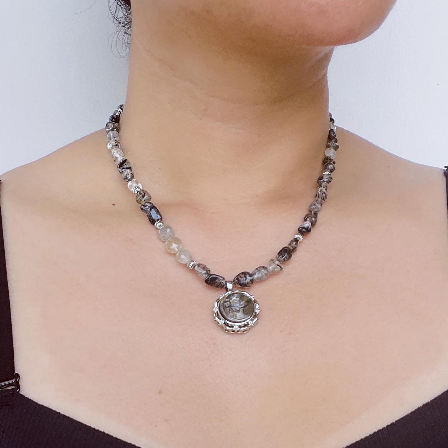 Handmade Cameo Necklace with Girl Pendant|Black Rutilated Quartz Beads|Natural Shell Cameo|Unique Personalized Jewelry Gift