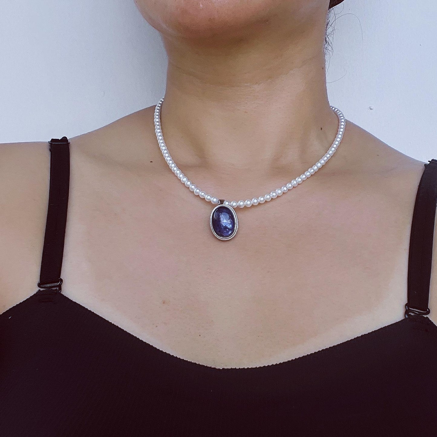 Natural Pearl Necklace with Dark Blue Sodalite Pendant|Round Freshwater Pearls|Handmade Elegant Jewelry|Unique Gift for Women