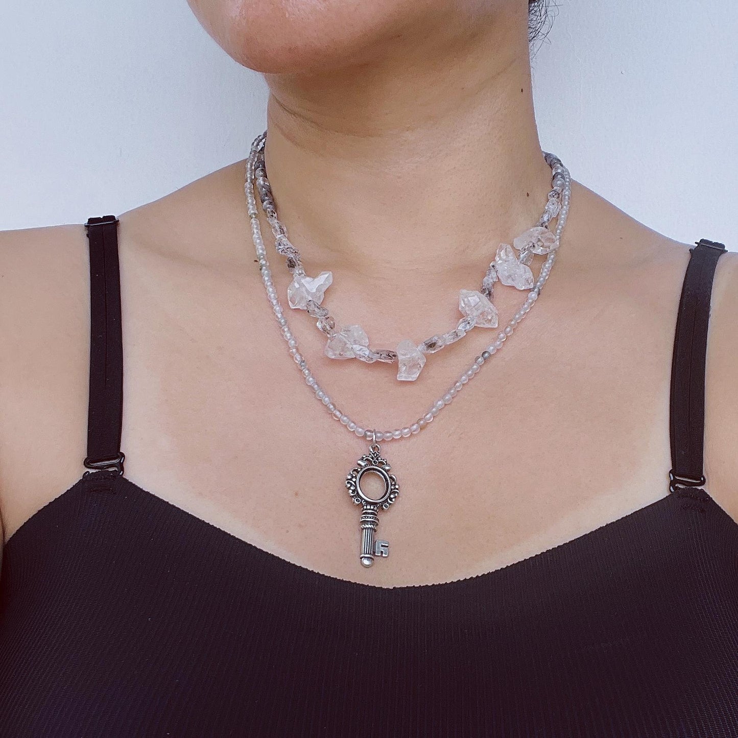 Double Layer Handmade Necklace with Phantom Quartz & Raw Crystal Beads|Fluorite Accents|Unique Spiritual Jewelry|Elegant Gift for Women