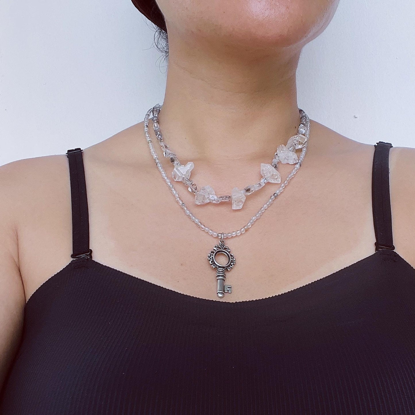 Double Layer Handmade Necklace with Phantom Quartz & Raw Crystal Beads|Fluorite Accents|Unique Spiritual Jewelry|Elegant Gift for Women
