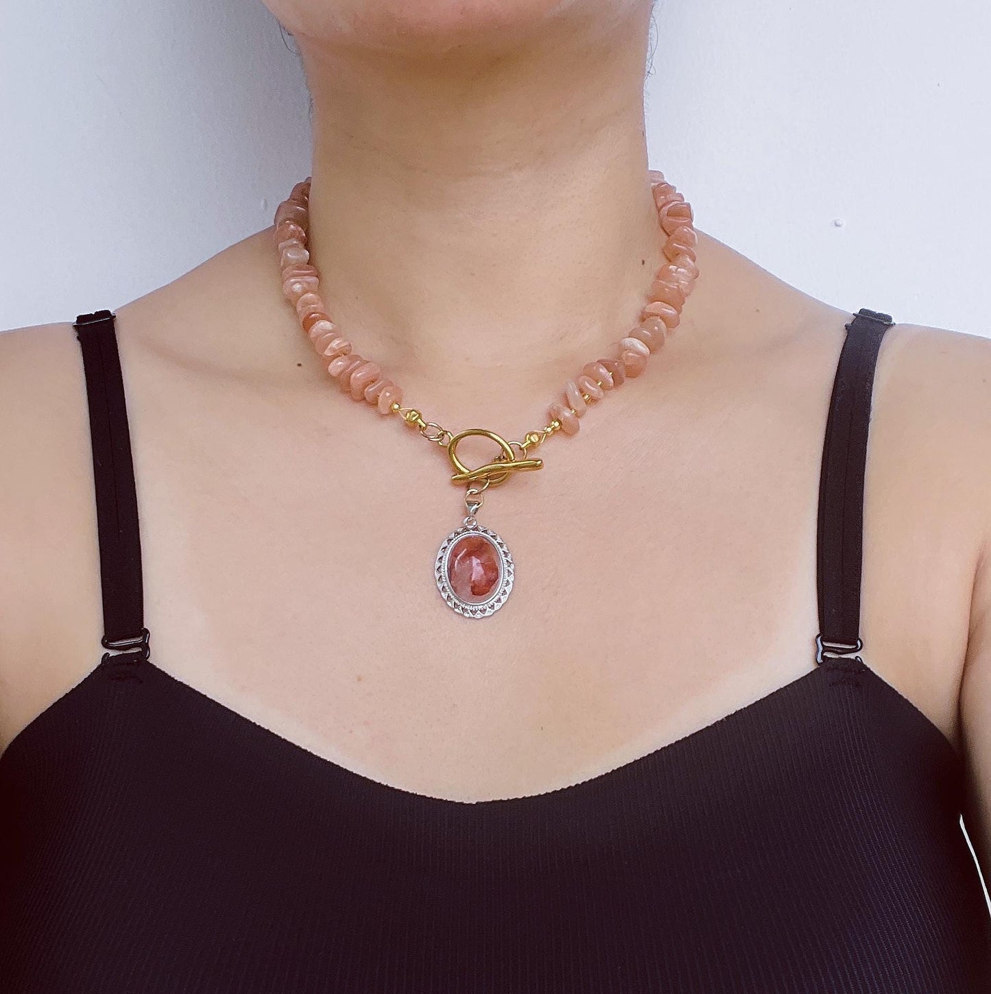 Orange Sunstone Beaded Necklace with Phantom Quartz Pendant|Handmade Natural Gemstone Jewelry|Spiritual Healing Gift