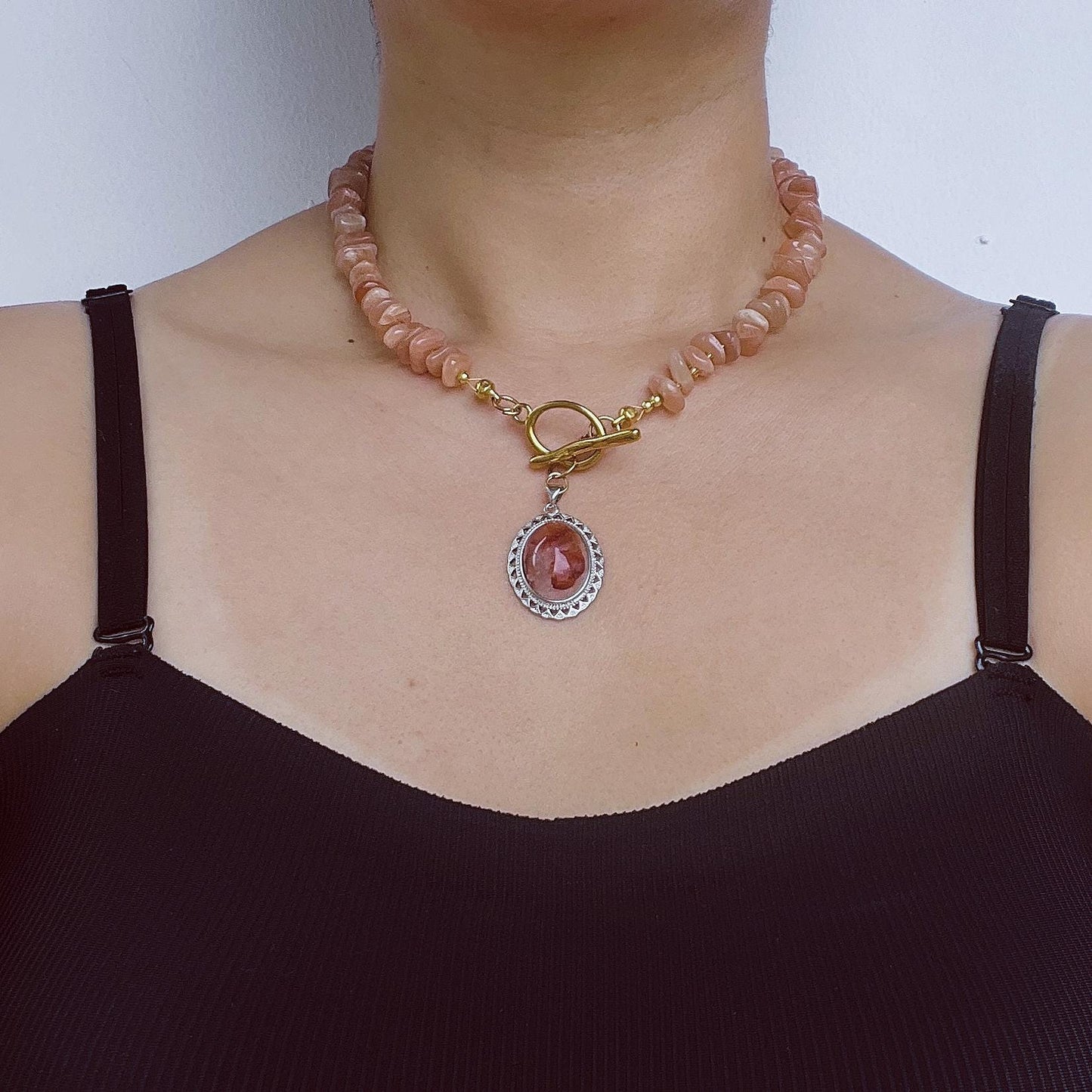 Orange Sunstone Beaded Necklace with Phantom Quartz Pendant|Handmade Natural Gemstone Jewelry|Spiritual Healing Gift