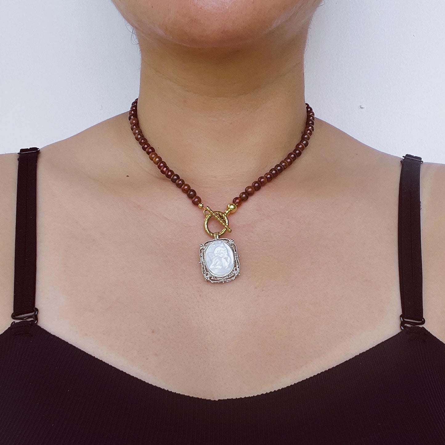 Red Agate Beaded Necklace with Carved Shell Angel Pendant|Handmade Natural Gemstone Jewelry|Unique Spiritual Gift