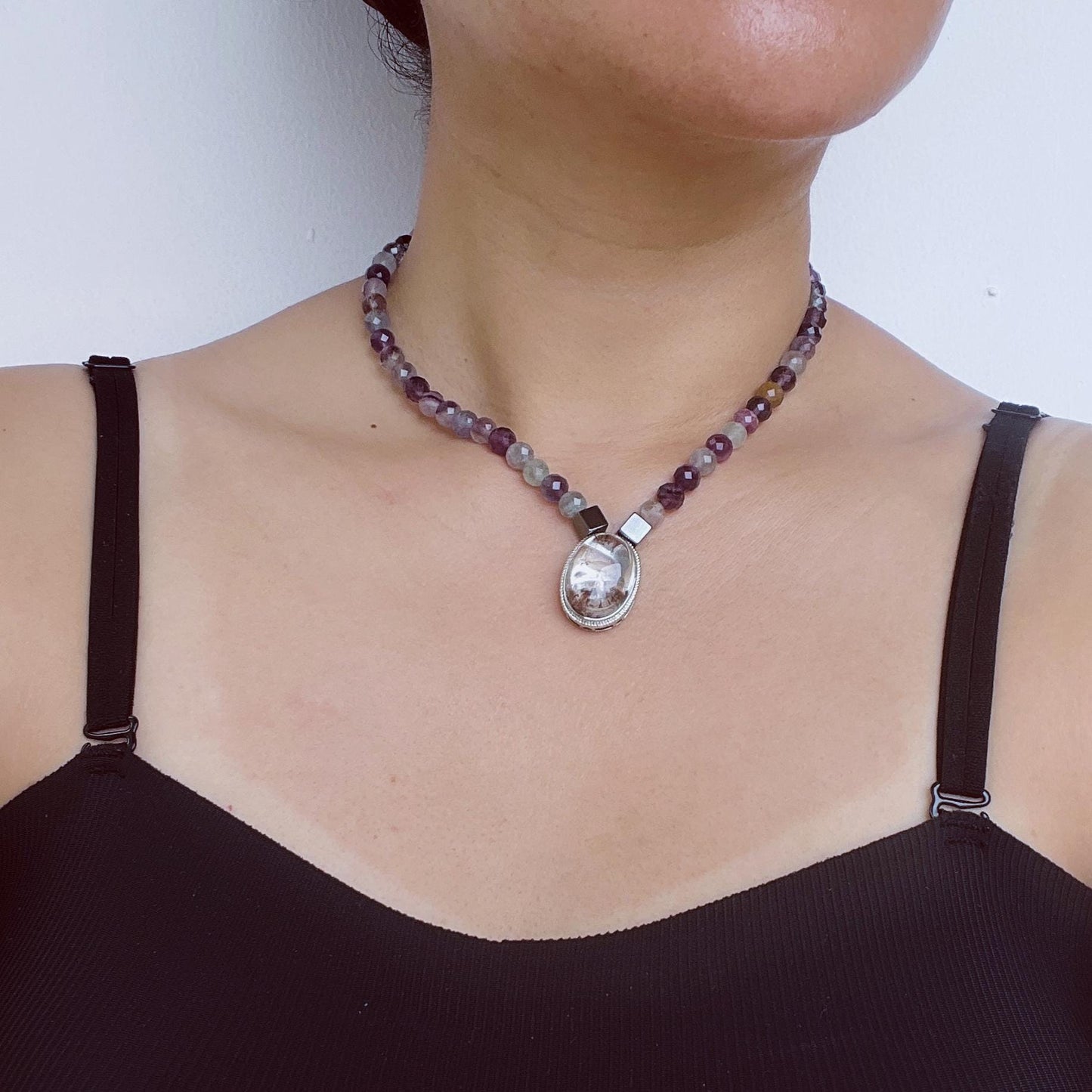 Colorful Gemstone Beaded Necklace with Faceted Crystal|Handmade Hematite, Spirit Quartz & Fluorite Jewelry|Unique Gift for Women