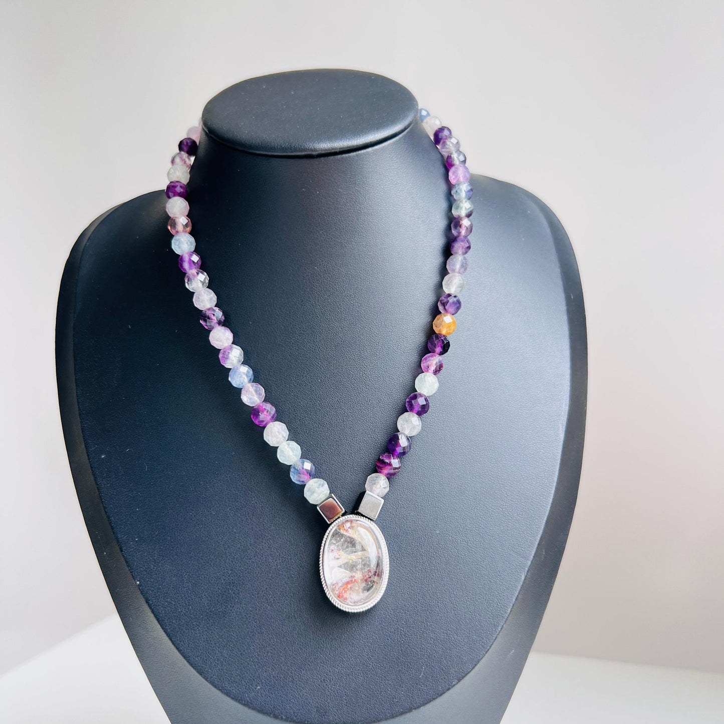 Spirit Quartz Necklace with Hematite Beads & Fluorite Pendant|Natural Healing Crystal Jewelry|Handmade Gift for Her|Spiritual Balance