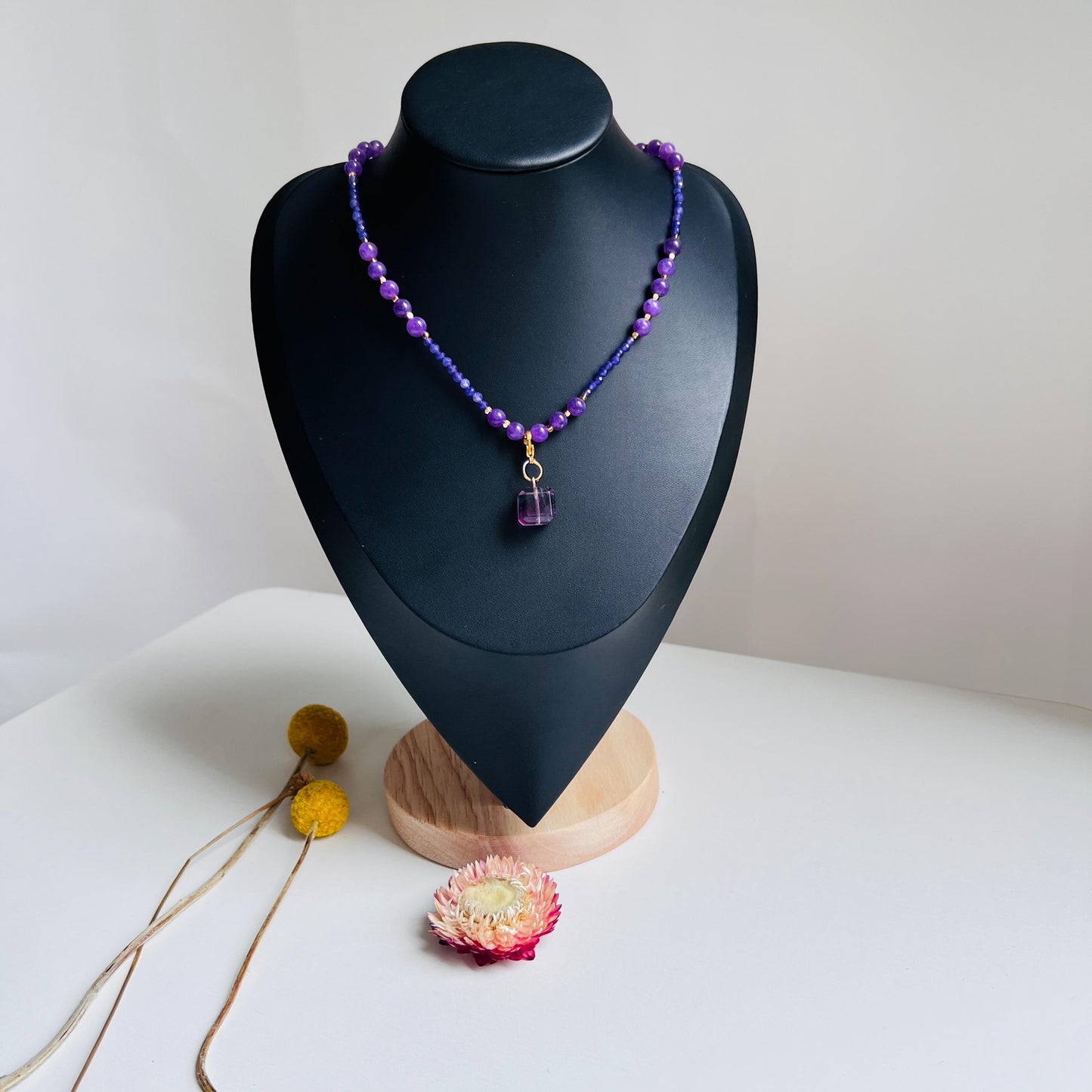 Short Amethyst Beaded Necklace with Purple Fluorite Pendant|Handmade Spiritual Jewelry|Meditation Gift for Women