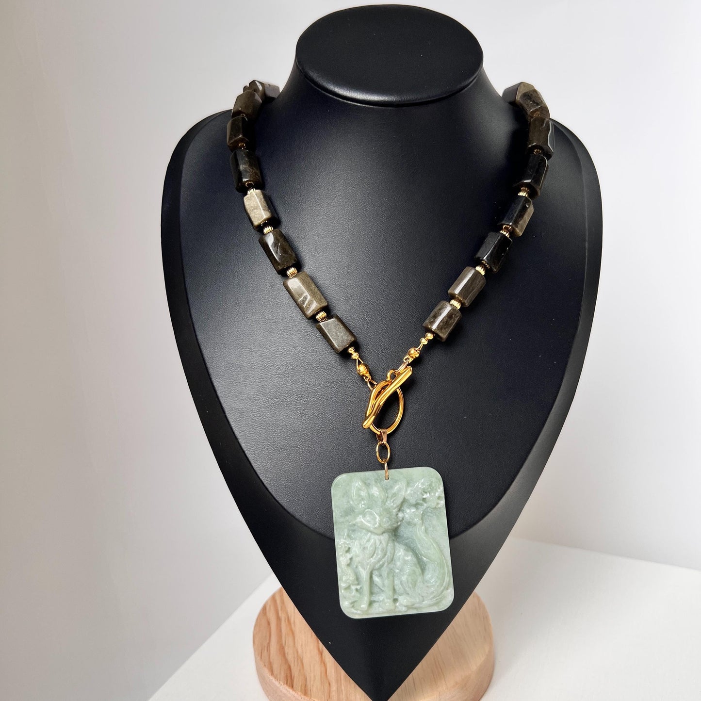 Gold Obsidian Fox Necklace|Hand-Carved Jade Pendant|Spiritual Healing Amulet|Protective Talisman Jewelry Gift for Women