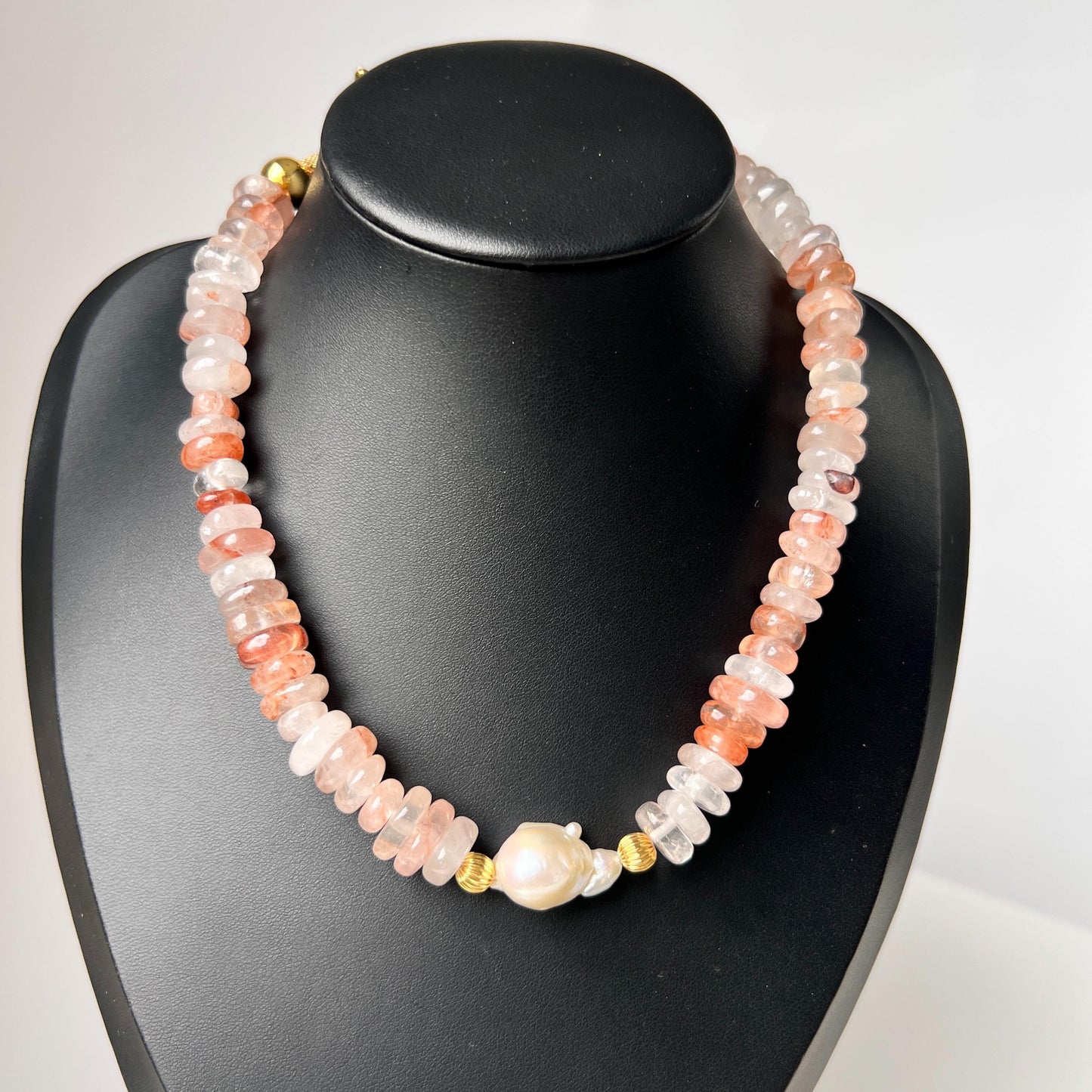 Irregular Strawberry Quartz & Baroque Pearl Necklace|Healing Gemstone Jewelry|Handmade Gift for Her|Romantic Boho Style