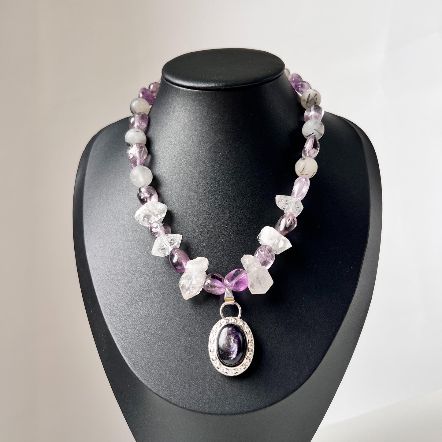 Chunky Amethyst & Clear Quartz Necklace with Moonstone Pendant|Handmade Vintage-Style Statement Jewelry for Women
