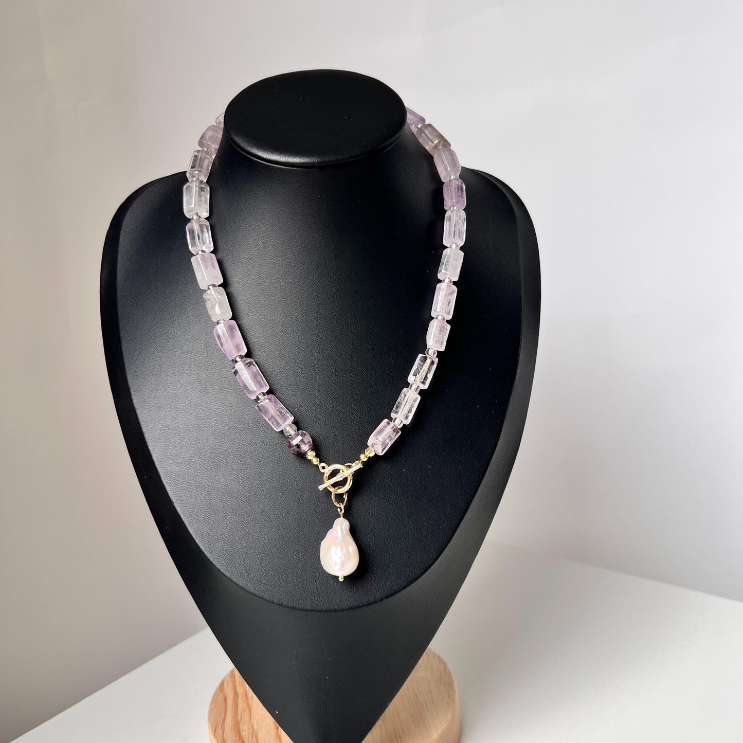 Lavender Amethyst Cube Bead Necklace with Baroque Pearl Pendant|Handmade Purple Gemstone Jewelry|Unique Gift for Women