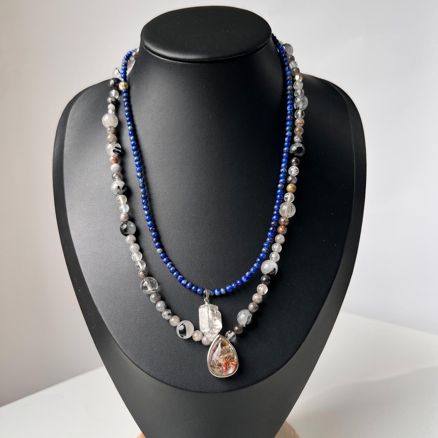 Handmade Double Gemstone Necklace with Lapis Lazuli, Phantom Quartz & Natural Crystal|Layered Beaded Necklace Gift|Spiritual Healing Jewelry