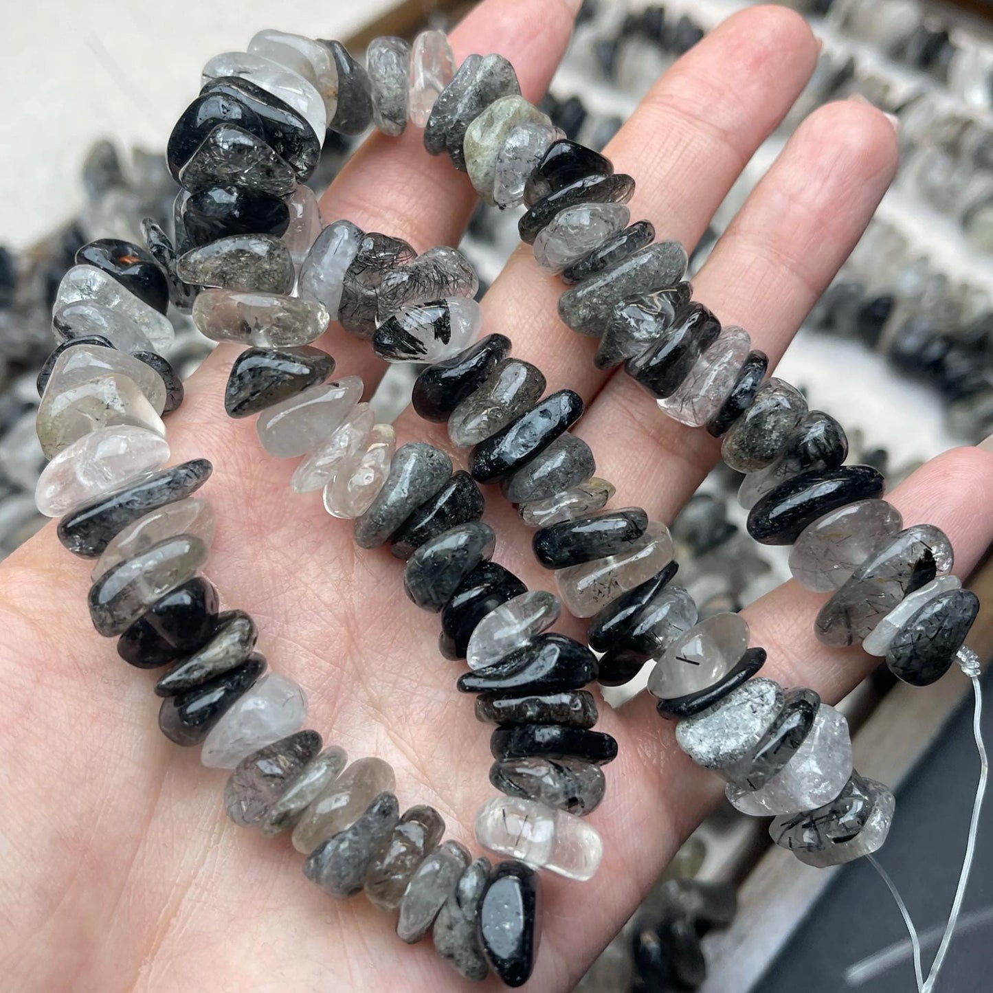 Natural Black Rutilated Quartz Chip Beads 13mm | Medium Drill Strand 38cm | Organic Freeform Beads for DIY Bracelets, Necklaces & Earrings