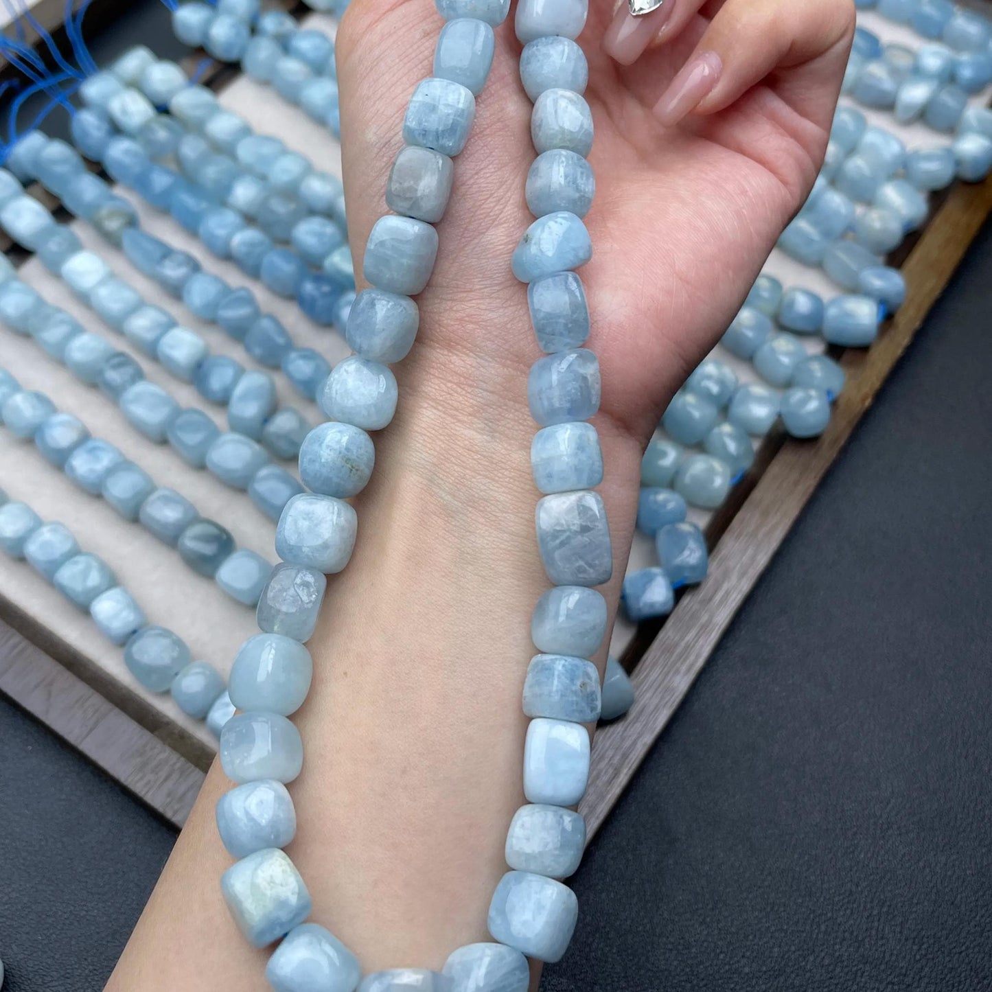 Natürliche Aquamarin-Perlen, unregelmäßige Würfel, 8–10 mm, 38 cm Strang, mittleres Loch, frisches Meeresblau, DIY-Armband, Halskette, Ohrring, Schmuck