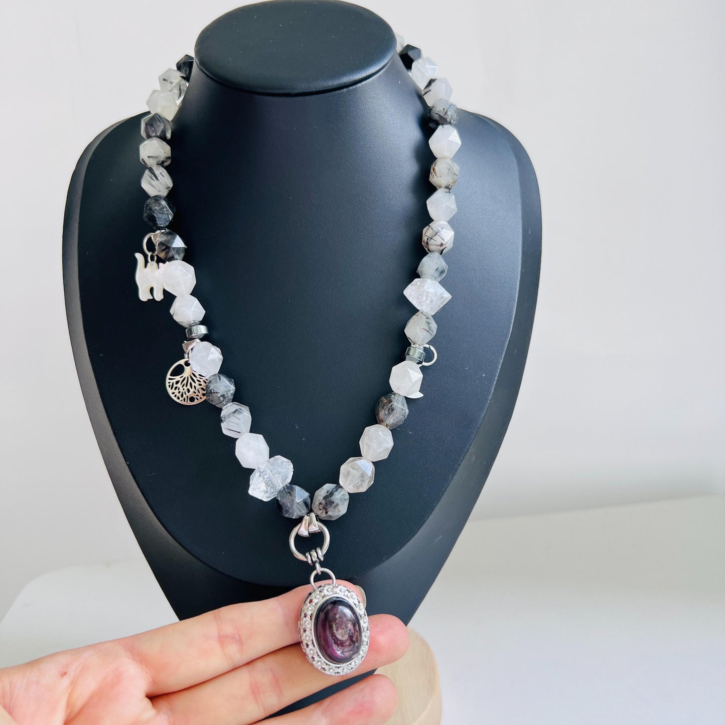 Raw Crystal Pendant Necklace|Boho Energy Jewelry|Clear Quartz, Tourmalinated Quartz & Fluorite|Handmade Spiritual Healing Necklace