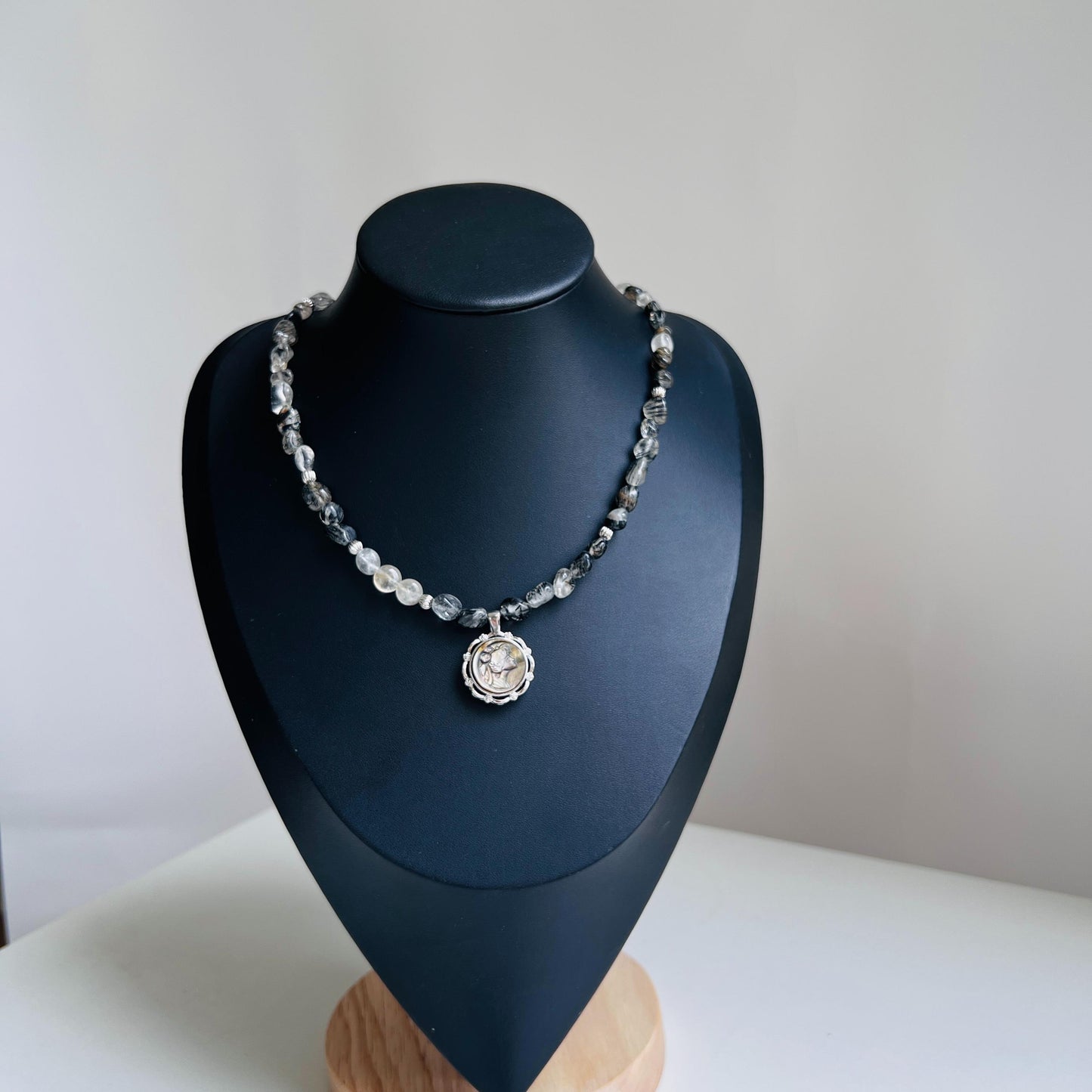 Handmade Cameo Necklace with Girl Pendant|Black Rutilated Quartz Beads|Natural Shell Cameo|Unique Personalized Jewelry Gift