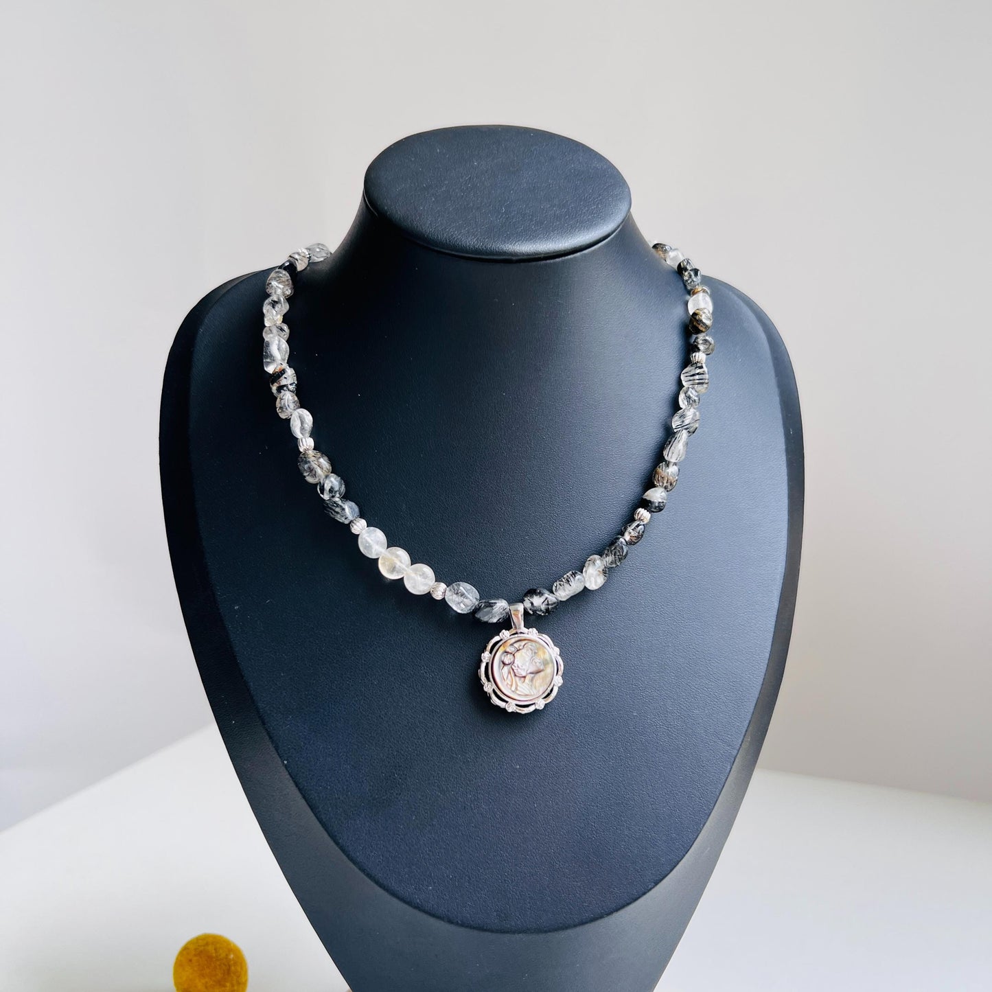Handmade Cameo Necklace with Girl Pendant|Black Rutilated Quartz Beads|Natural Shell Cameo|Unique Personalized Jewelry Gift