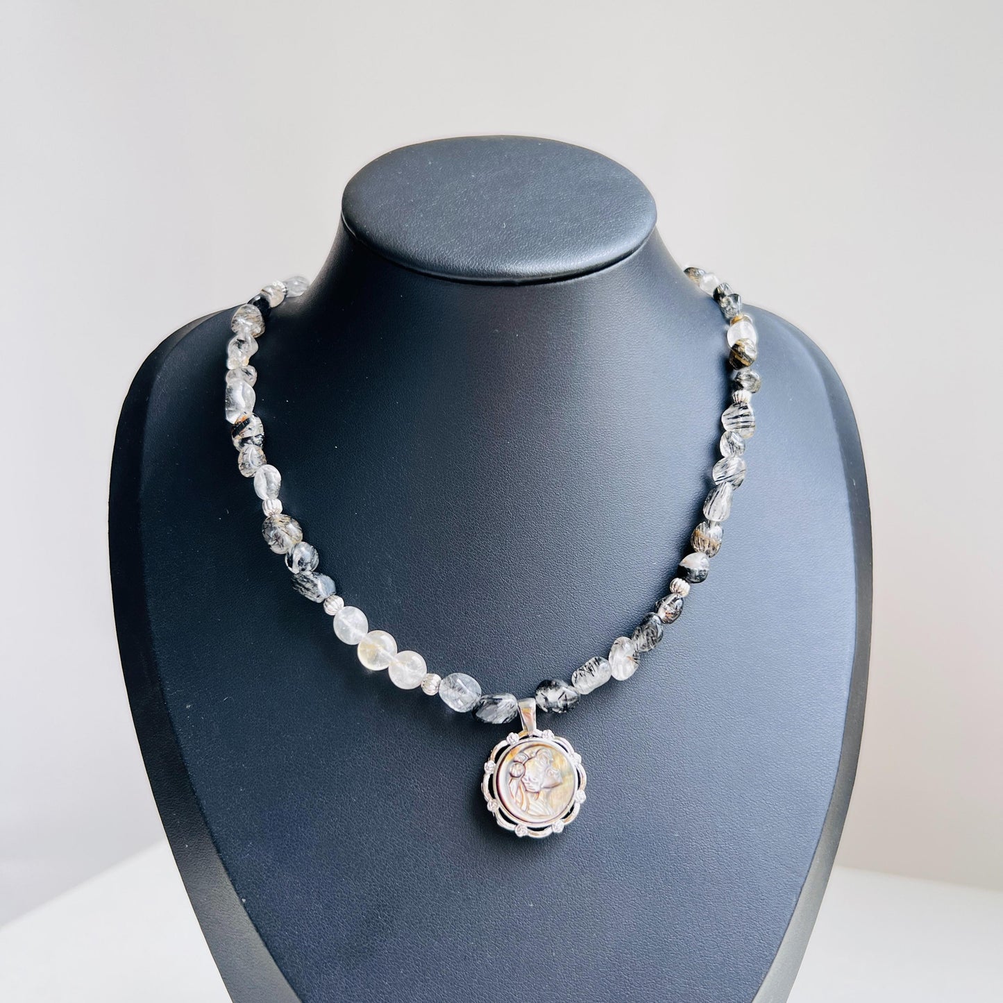 Handmade Cameo Necklace with Girl Pendant|Black Rutilated Quartz Beads|Natural Shell Cameo|Unique Personalized Jewelry Gift