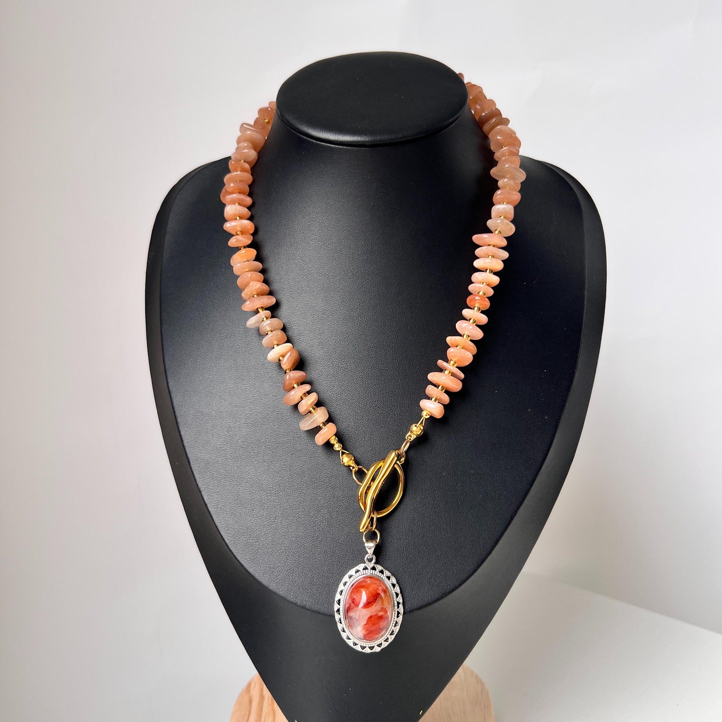 Orange Sunstone Beaded Necklace with Phantom Quartz Pendant|Handmade Natural Gemstone Jewelry|Spiritual Healing Gift