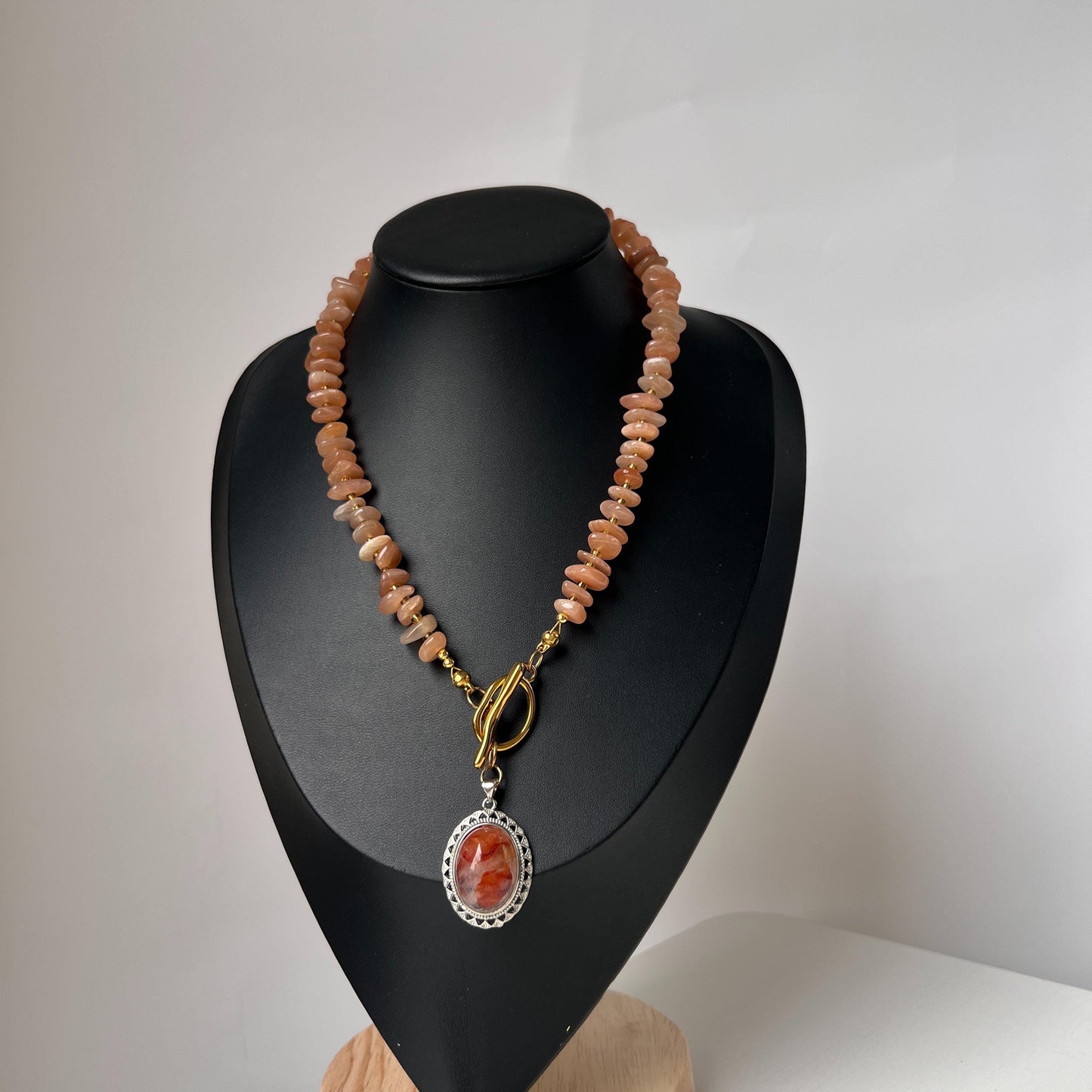 Orange Sunstone Beaded Necklace with Phantom Quartz Pendant|Handmade Natural Gemstone Jewelry|Spiritual Healing Gift