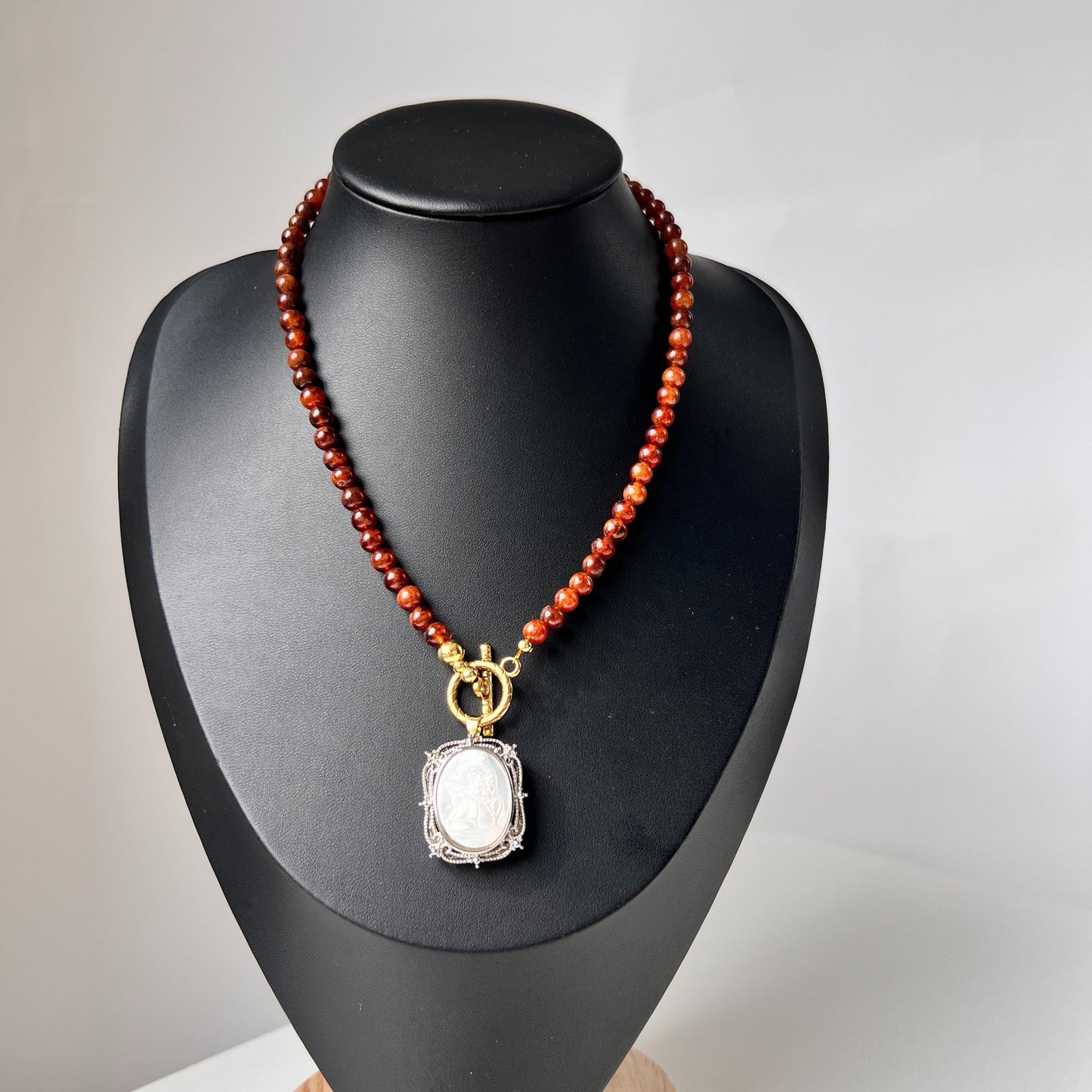 Red Agate Beaded Necklace with Carved Shell Angel Pendant|Handmade Natural Gemstone Jewelry|Unique Spiritual Gift