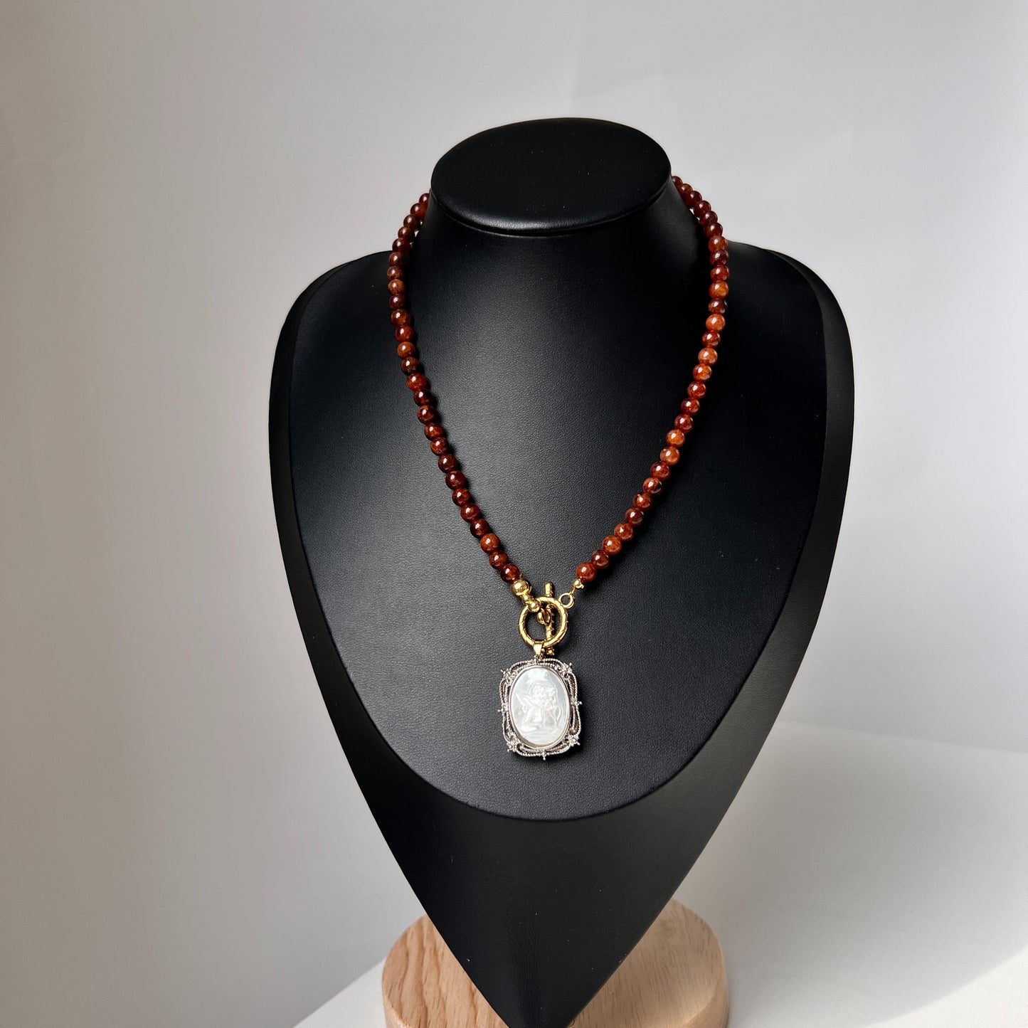 Red Agate Beaded Necklace with Carved Shell Angel Pendant|Handmade Natural Gemstone Jewelry|Unique Spiritual Gift