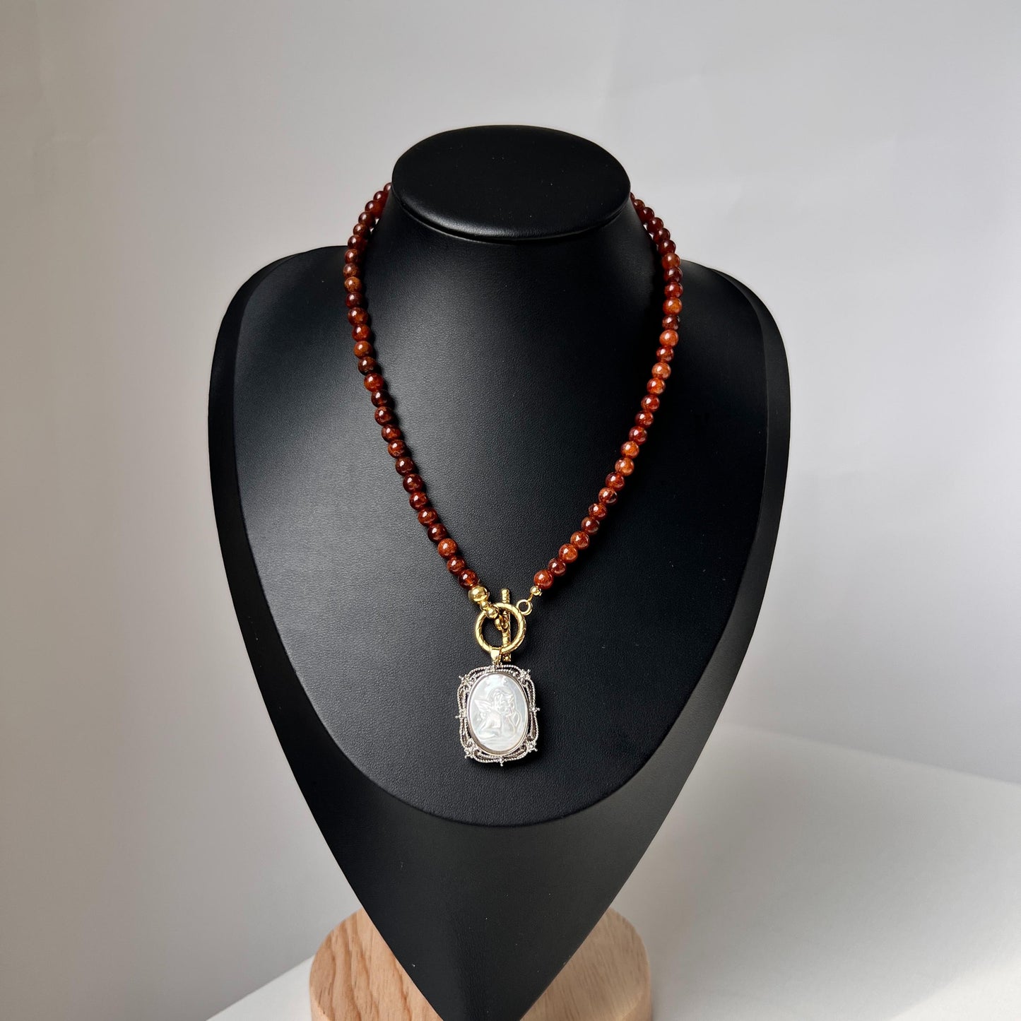 Red Agate Beaded Necklace with Carved Shell Angel Pendant|Handmade Natural Gemstone Jewelry|Unique Spiritual Gift