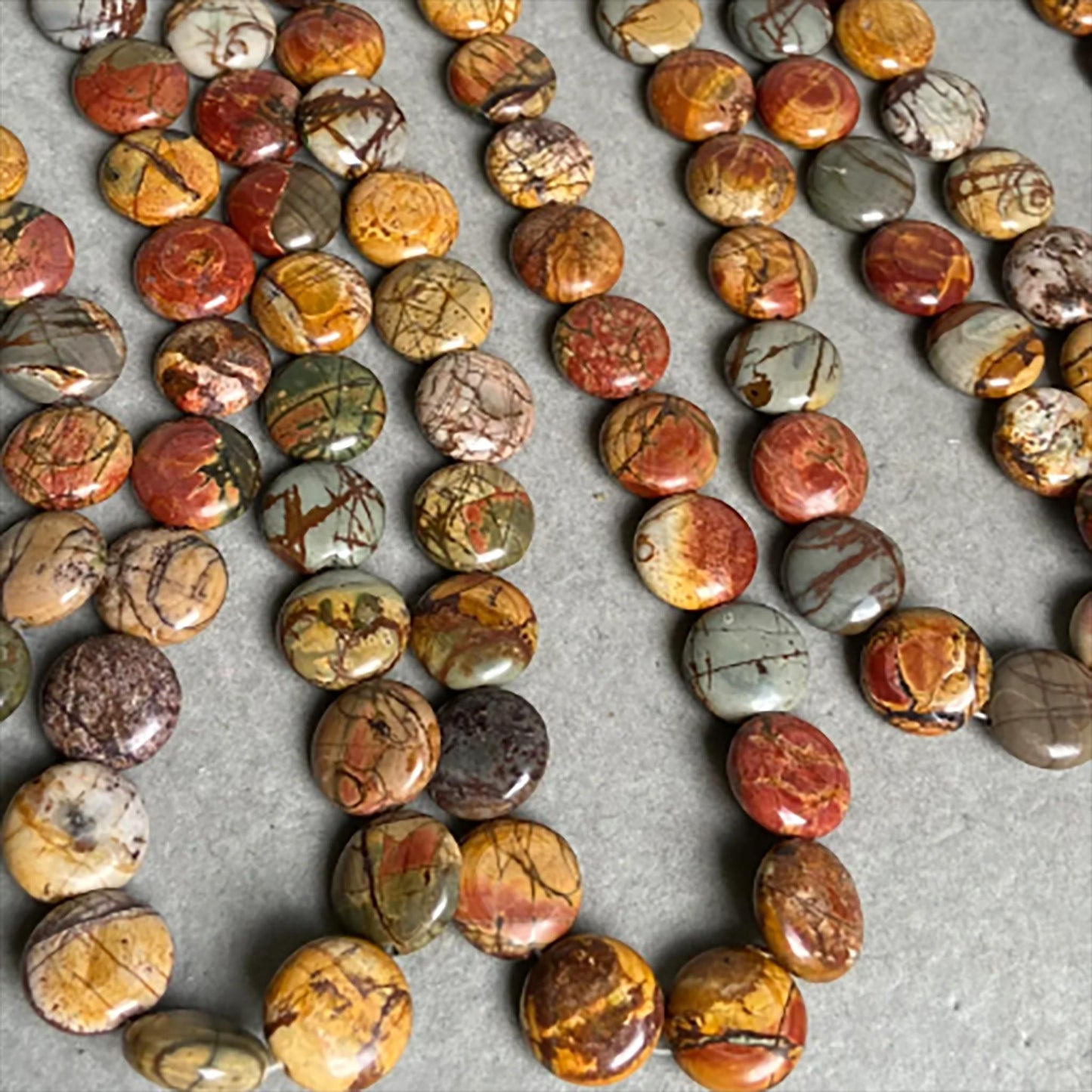 Natural Picasso Stone Coin Beads · 16×6.5mm Round Flat · 38cm Pre-Drilled Strand | Artistic Gemstone Beads for DIY Bracelet & Necklace