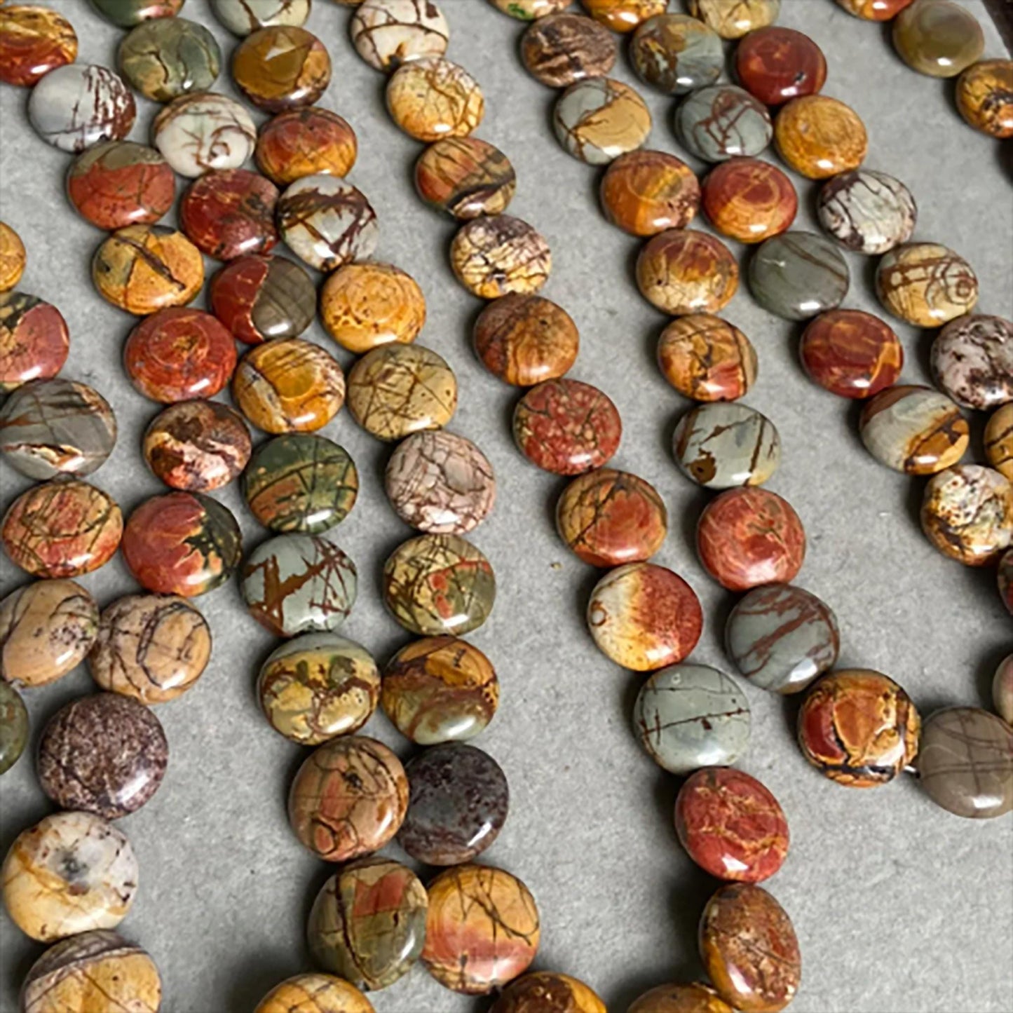 Natural Picasso Stone Coin Beads · 16×6.5mm Round Flat · 38cm Pre-Drilled Strand | Artistic Gemstone Beads for DIY Bracelet & Necklace