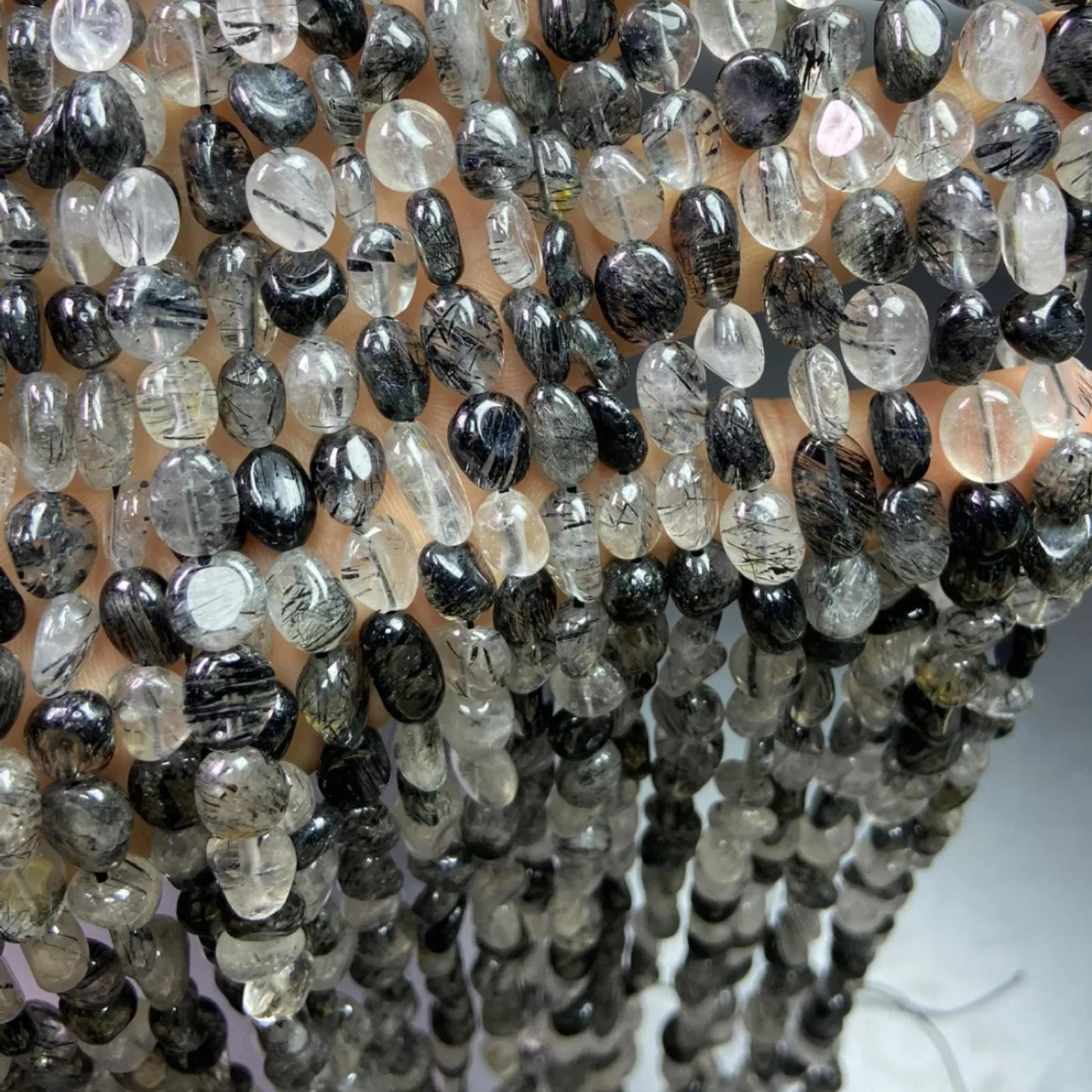 Natural Tourmalinated Quartz Rondelle Beads 6–8 mm · 38 cm Strand | DIY Bracelet & Necklace Making | Chakra Protection & Energy Healing Crystals