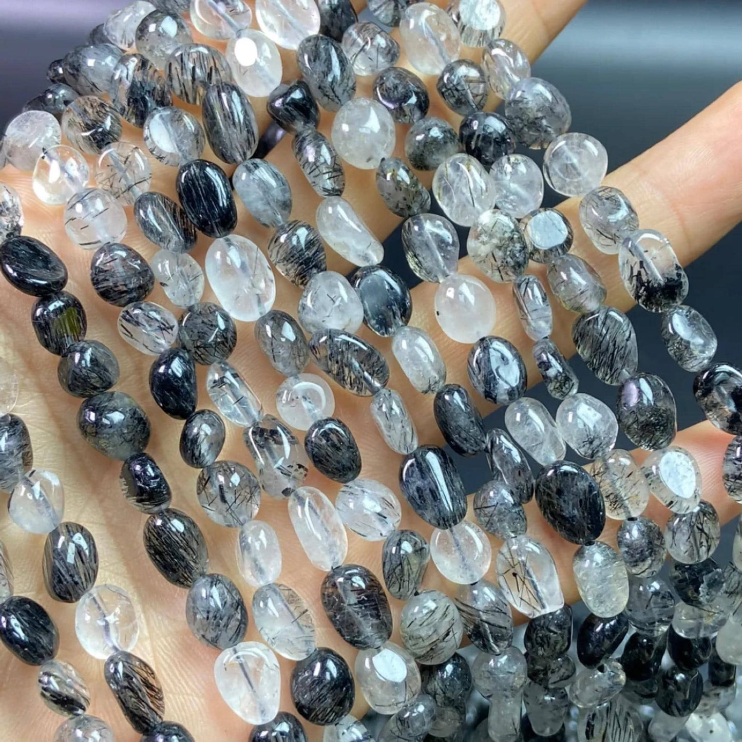 Natural Tourmalinated Quartz Rondelle Beads 6–8 mm · 38 cm Strand | DIY Bracelet & Necklace Making | Chakra Protection & Energy Healing Crystals