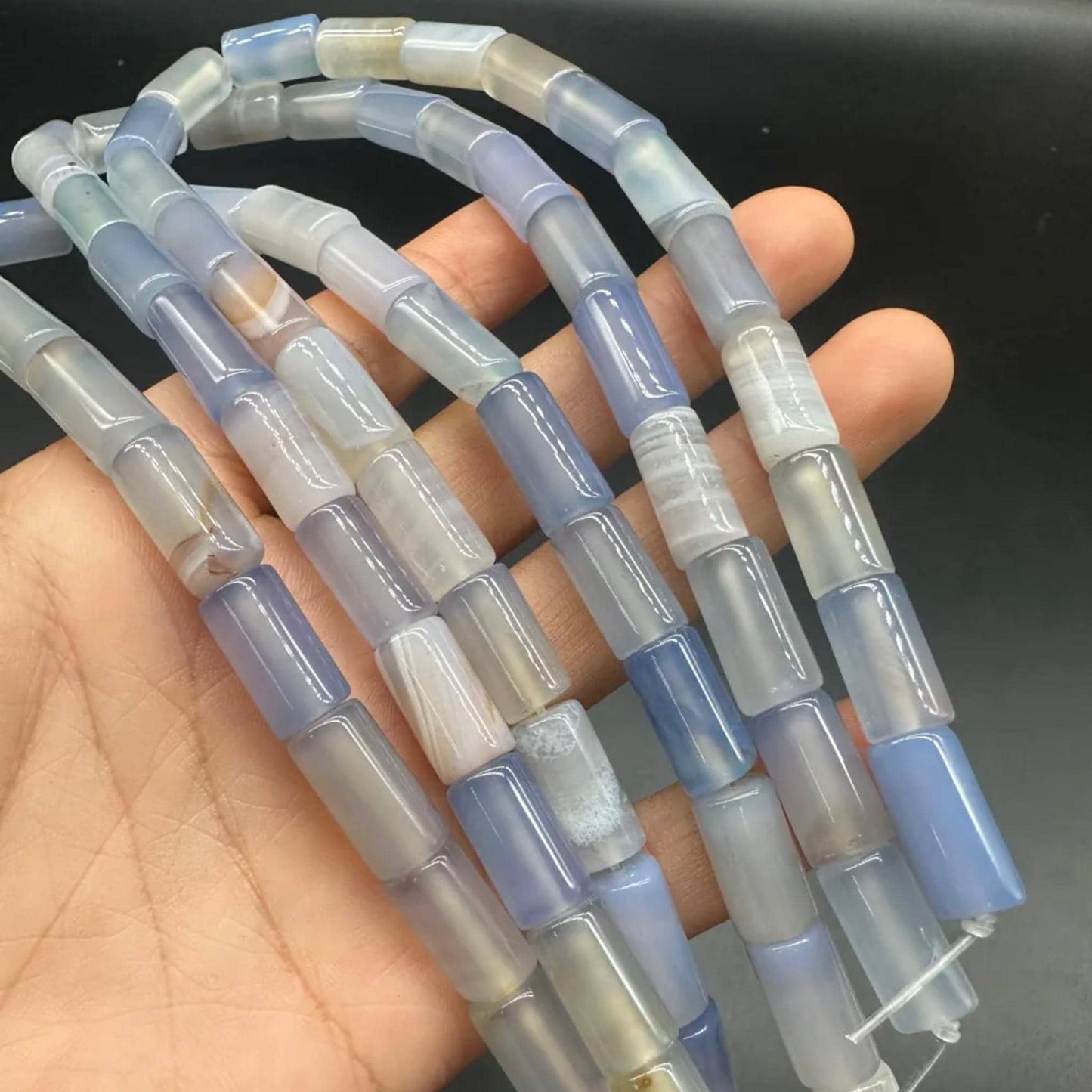 Natural Sea Blue Chalcedony Tube Beads 8×16 mm · 38 cm Strand | Polished Cylinder Beads | DIY Bracelet, Necklace, Home Décor & Gift Accessories