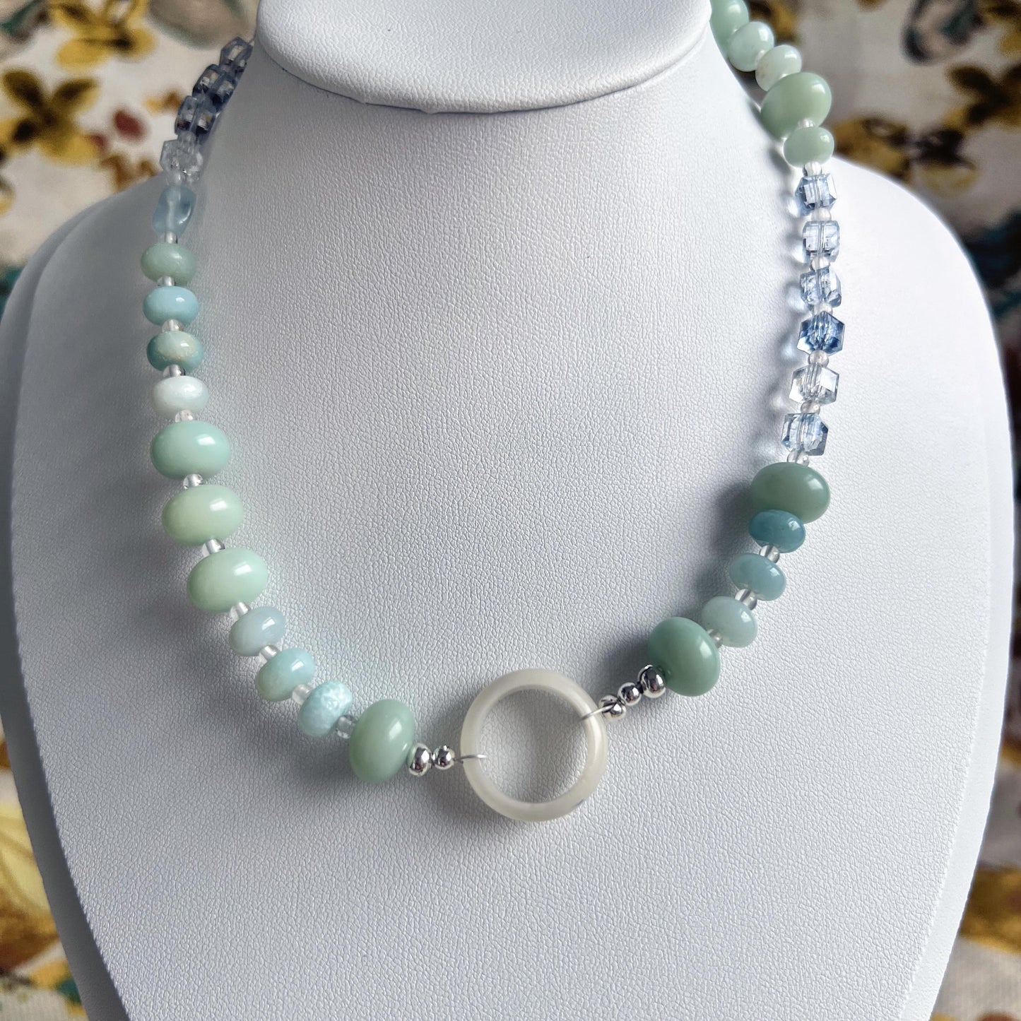 Mint Green Choker Necklace | Bodhi Wood Beads & Ice Blue Crystal Cubes with White Ring Pendant | Boho Statement Jewelry Gift for Her