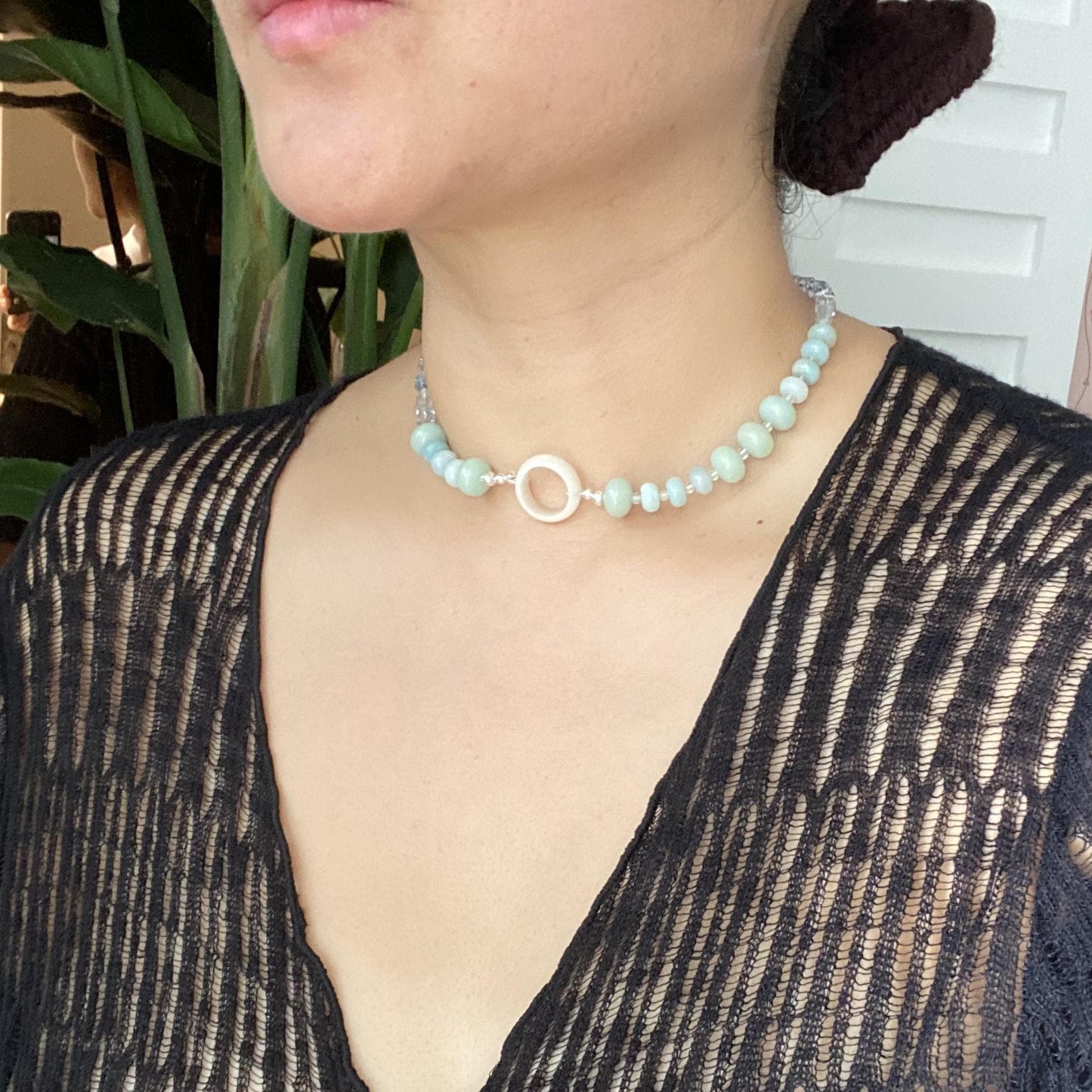 Mint Green Choker Necklace | Bodhi Wood Beads & Ice Blue Crystal Cubes with White Ring Pendant | Boho Statement Jewelry Gift for Her