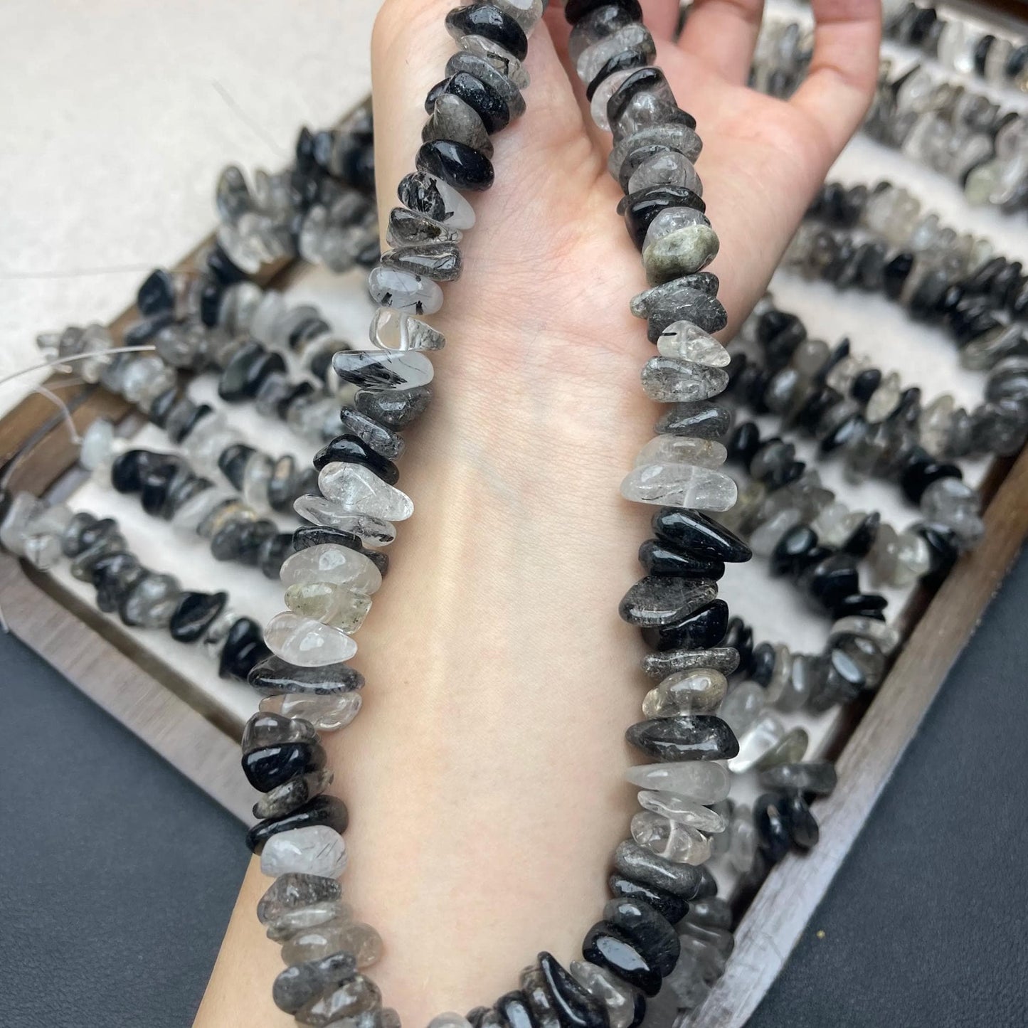 Natural Black Rutilated Quartz Chip Beads 13mm | Medium Drill Strand 38cm | Organic Freeform Beads for DIY Bracelets, Necklaces & Earrings