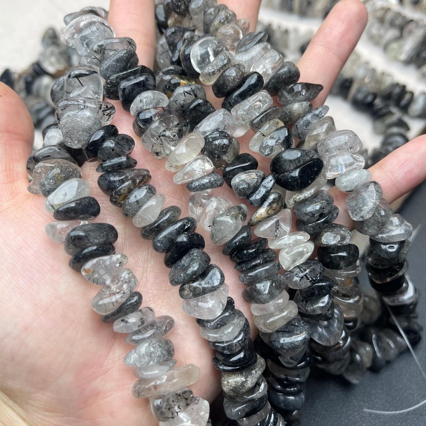Natural Black Rutilated Quartz Chip Beads 13mm | Medium Drill Strand 38cm | Organic Freeform Beads for DIY Bracelets, Necklaces & Earrings